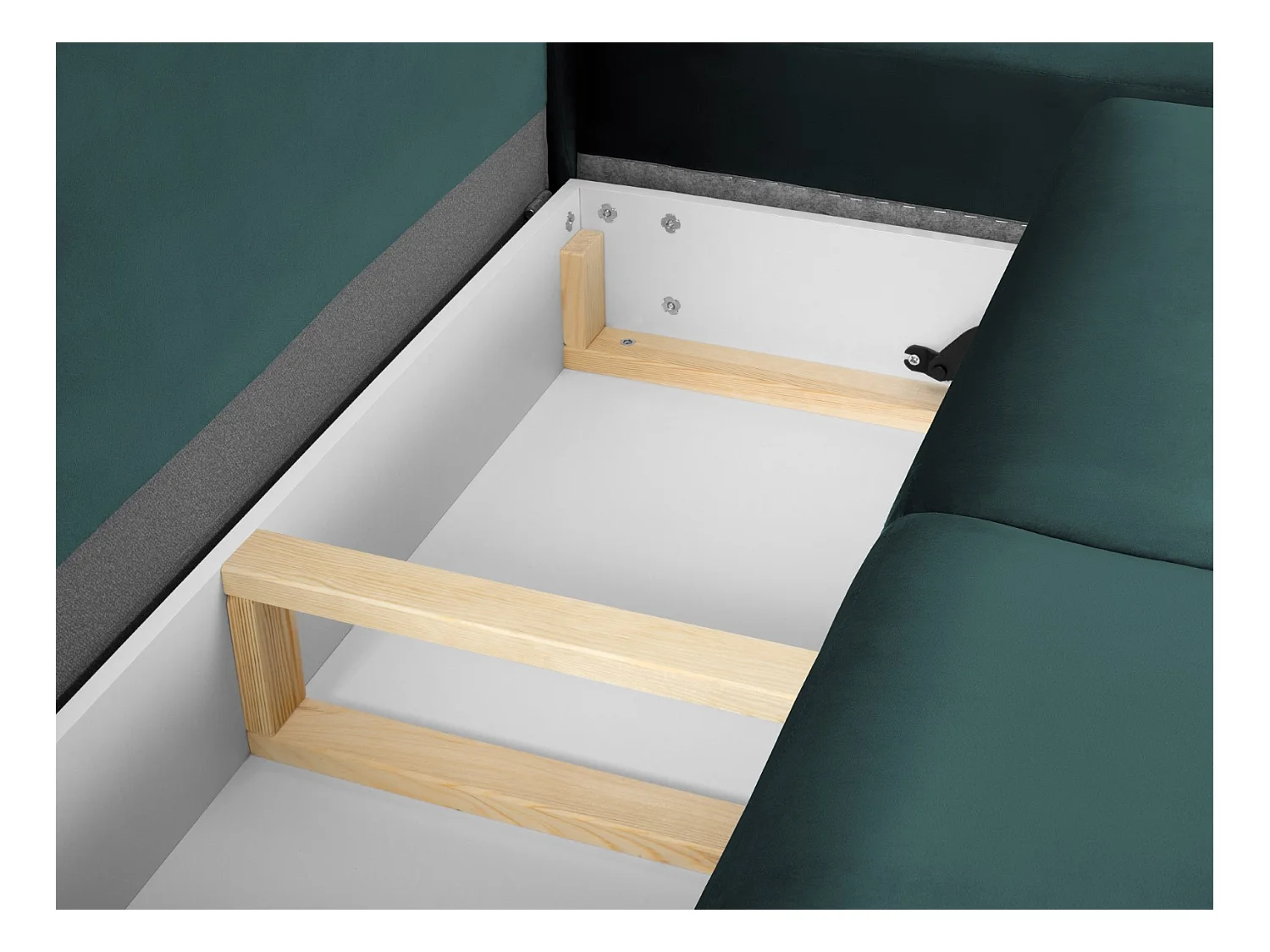 Cosmopolitan Design - 5-Sitzer ausklappbares Ecksofa rechts mit Container "Kyoto" aus Samt petrol - 243x194x88cm