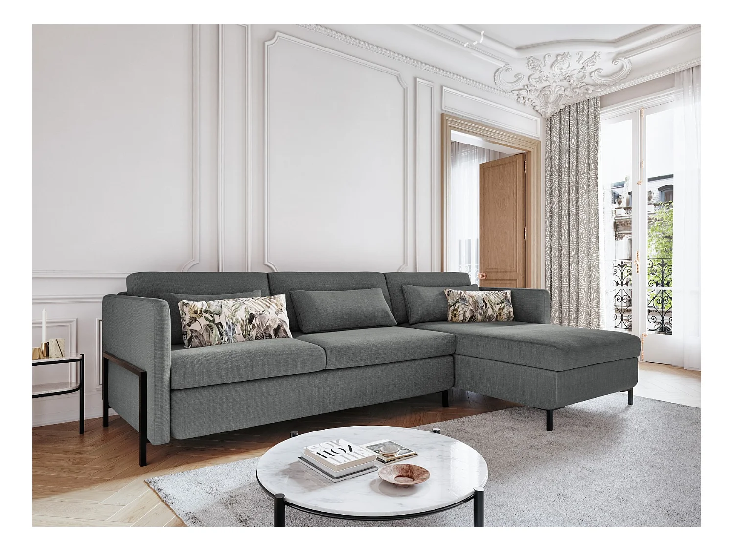 CXL by Christian Lacroix - Canapé d'angle droit convertible avec coffre de rangement "Yanis" 5 places en tissu structurel gris - 280x170x80cm