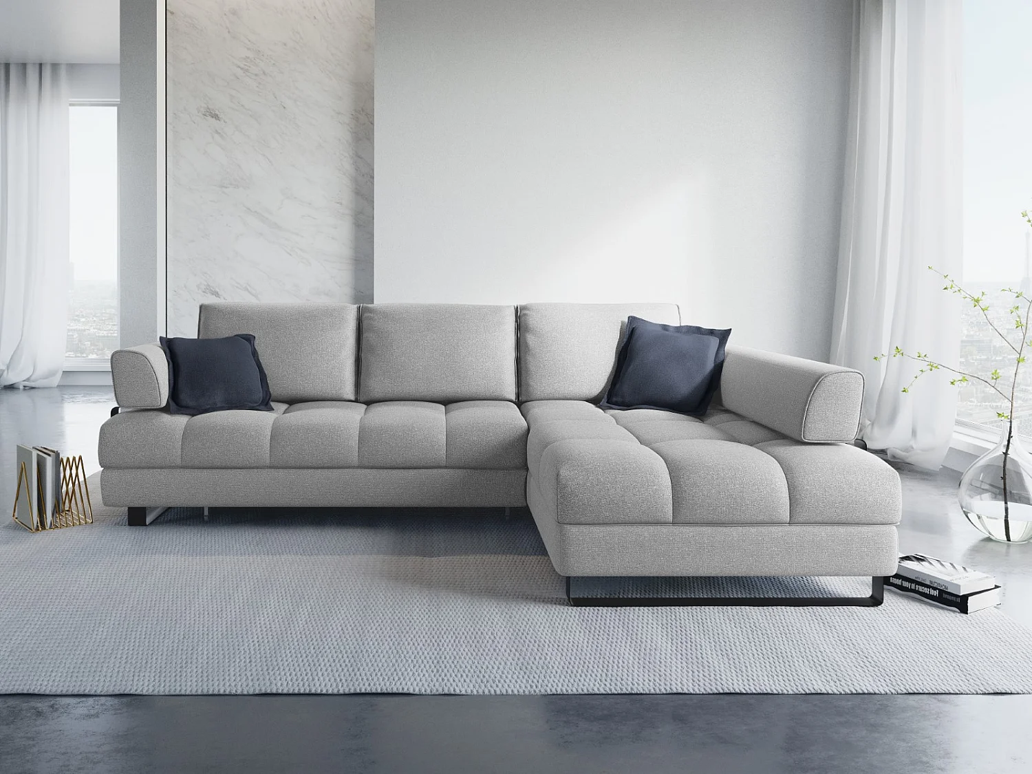 Cosmopolitan Design - 5-Sitzer ausklappbares Ecksofa rechts mit Container "Clinton" aus strukturiertem Stoff grau - 272x173x89cm