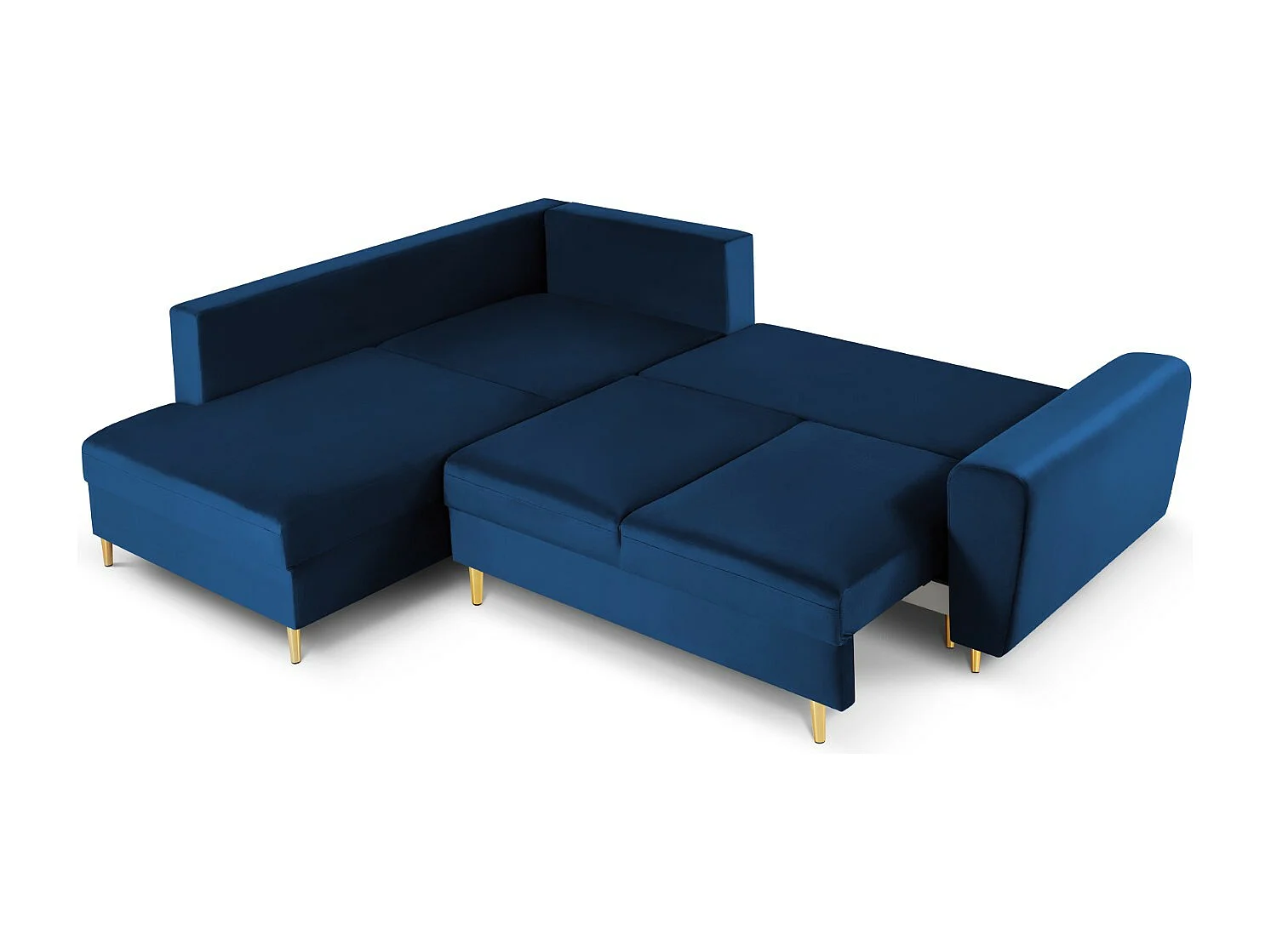 Cosmopolitan Design - 5-Sitzer ausklappbares Ecksofa links mit Container "Kyoto" aus Samt königsblau - 243x194x88cm