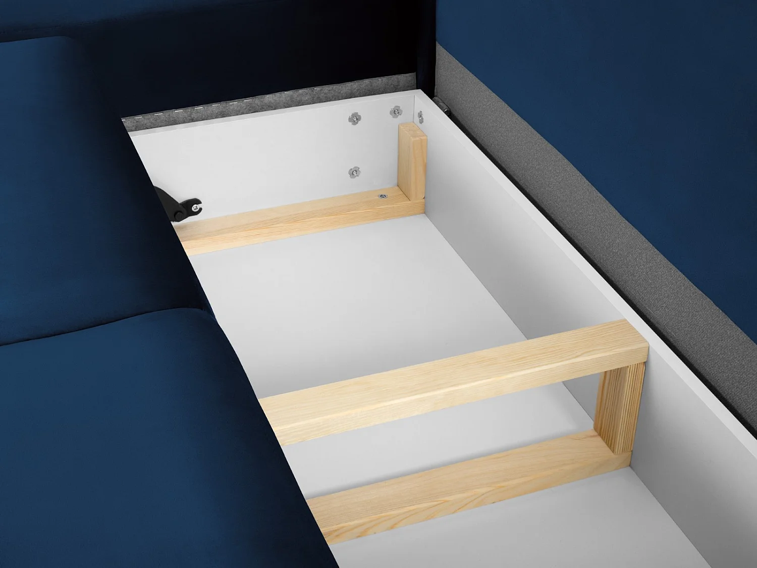 Cosmopolitan Design - 5-Sitzer ausklappbares Ecksofa links mit Container "Kyoto" aus Samt königsblau - 243x194x88cm