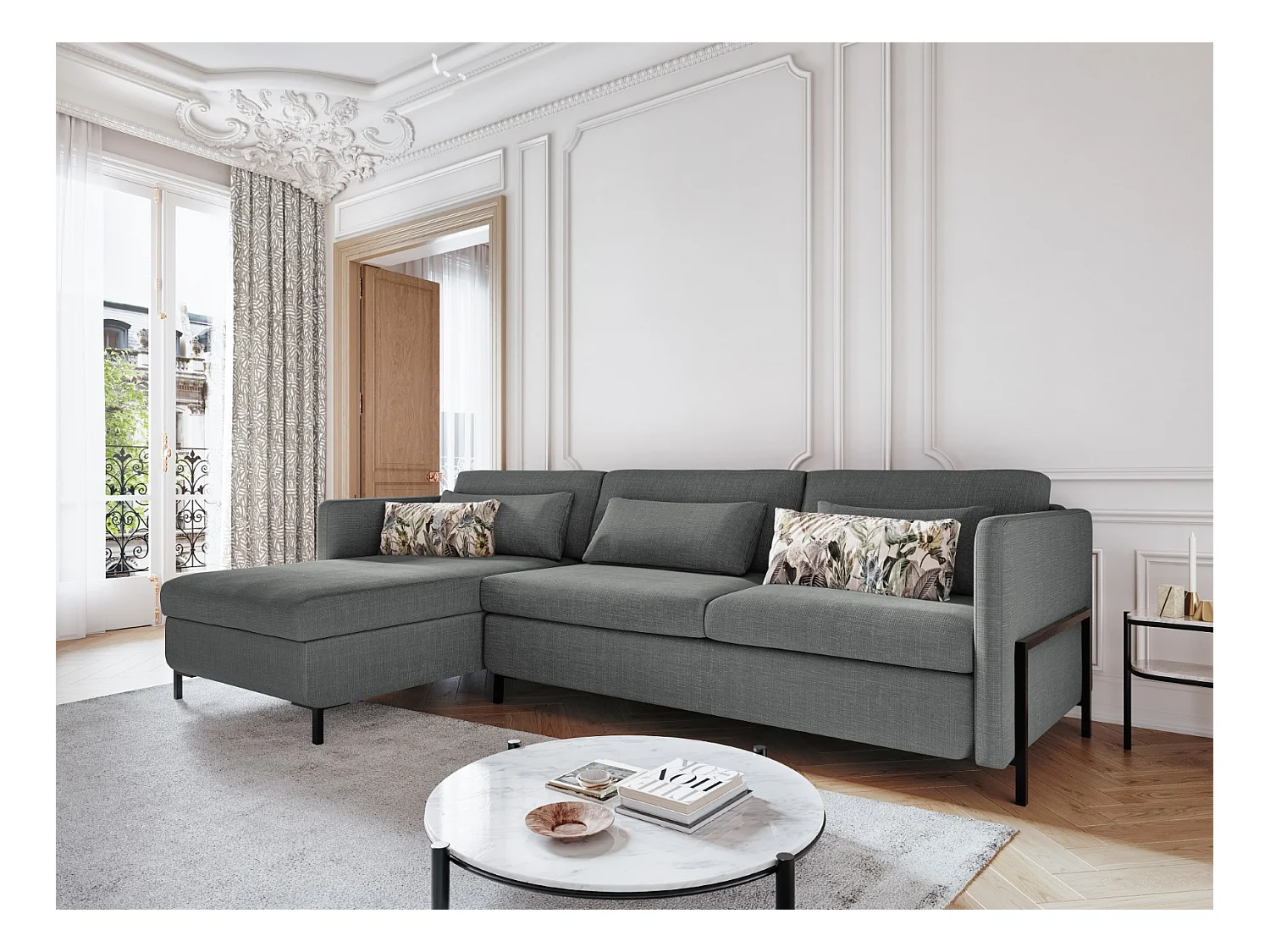 CXL by Christian Lacroix - Canapé d'angle gauche convertible avec coffre de rangement "Yanis" 5 places en tissu structurel gris - 280x170x80cm