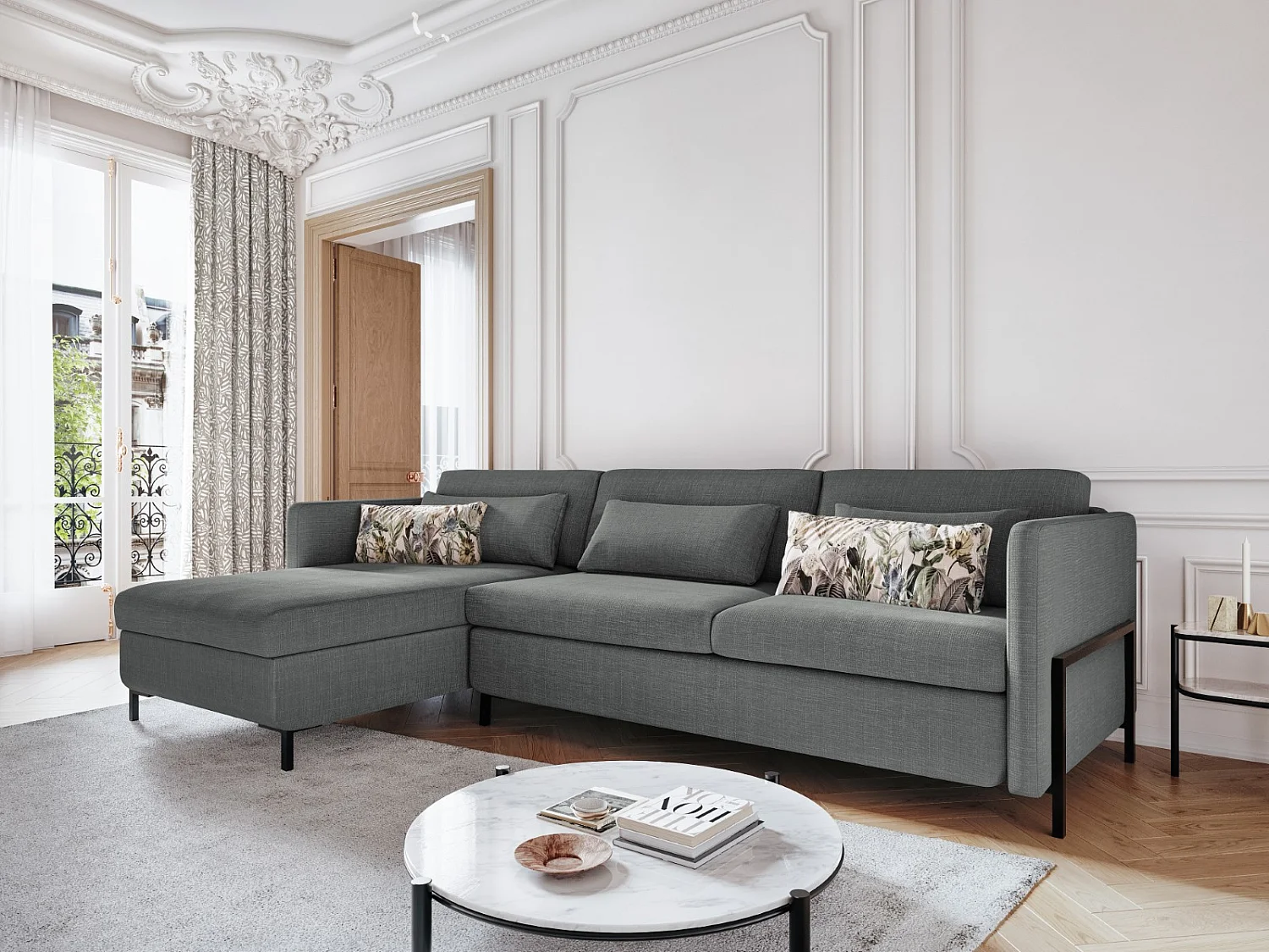 CXL by Christian Lacroix - Canapé d'angle gauche convertible avec coffre de rangement "Yanis" 5 places en tissu structurel gris - 280x170x80cm