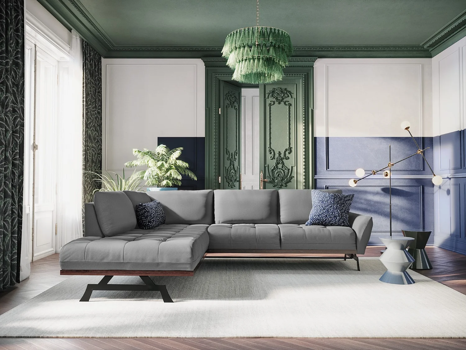 CXL by Christian Lacroix - Canapé d'angle gauche convertible "Olivier" 5 places en tissu structurel gris - 262x204x87cm