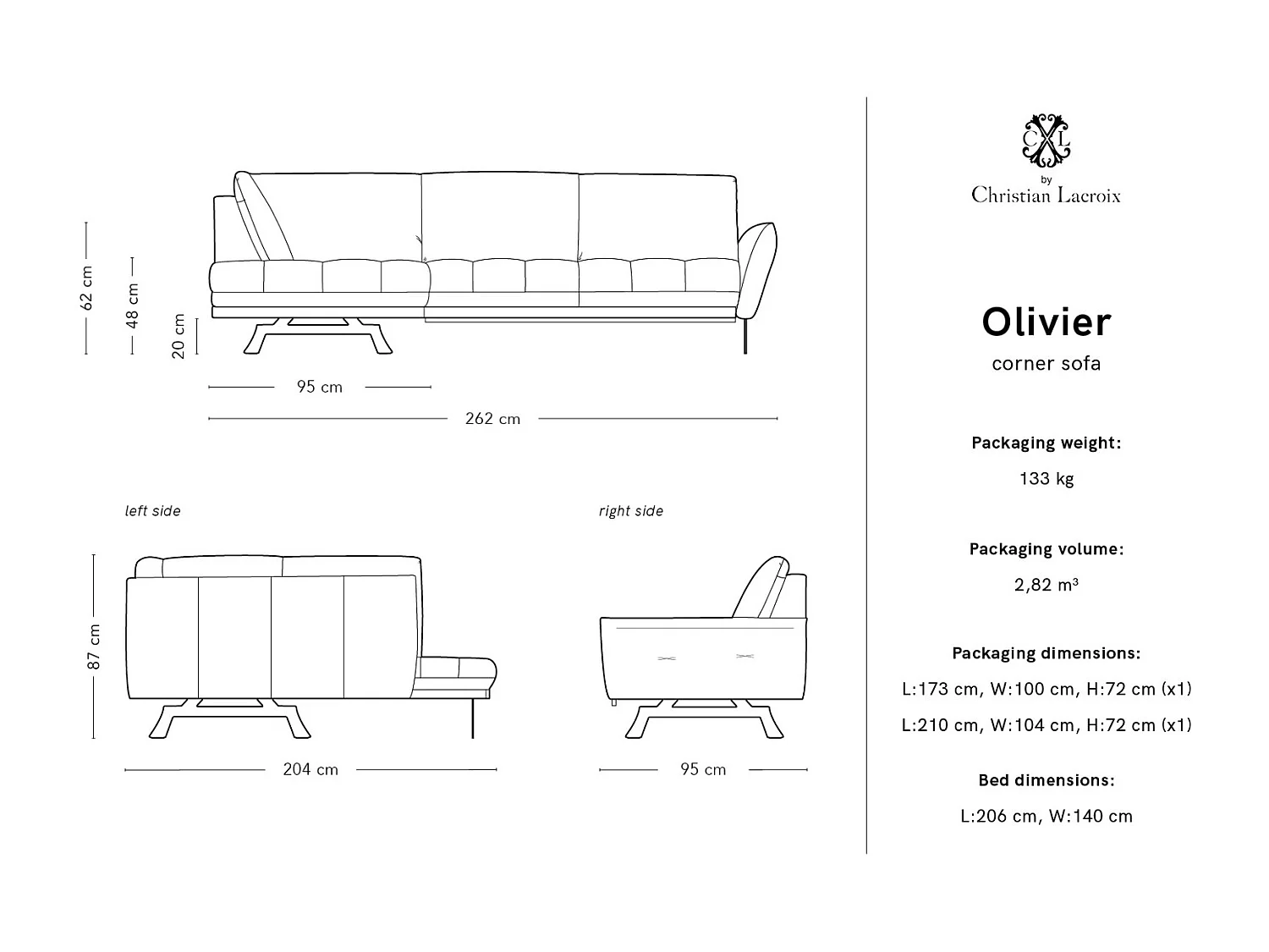 CXL by Christian Lacroix - Canapé d'angle gauche convertible "Olivier" 5 places en tissu structurel gris - 262x204x87cm