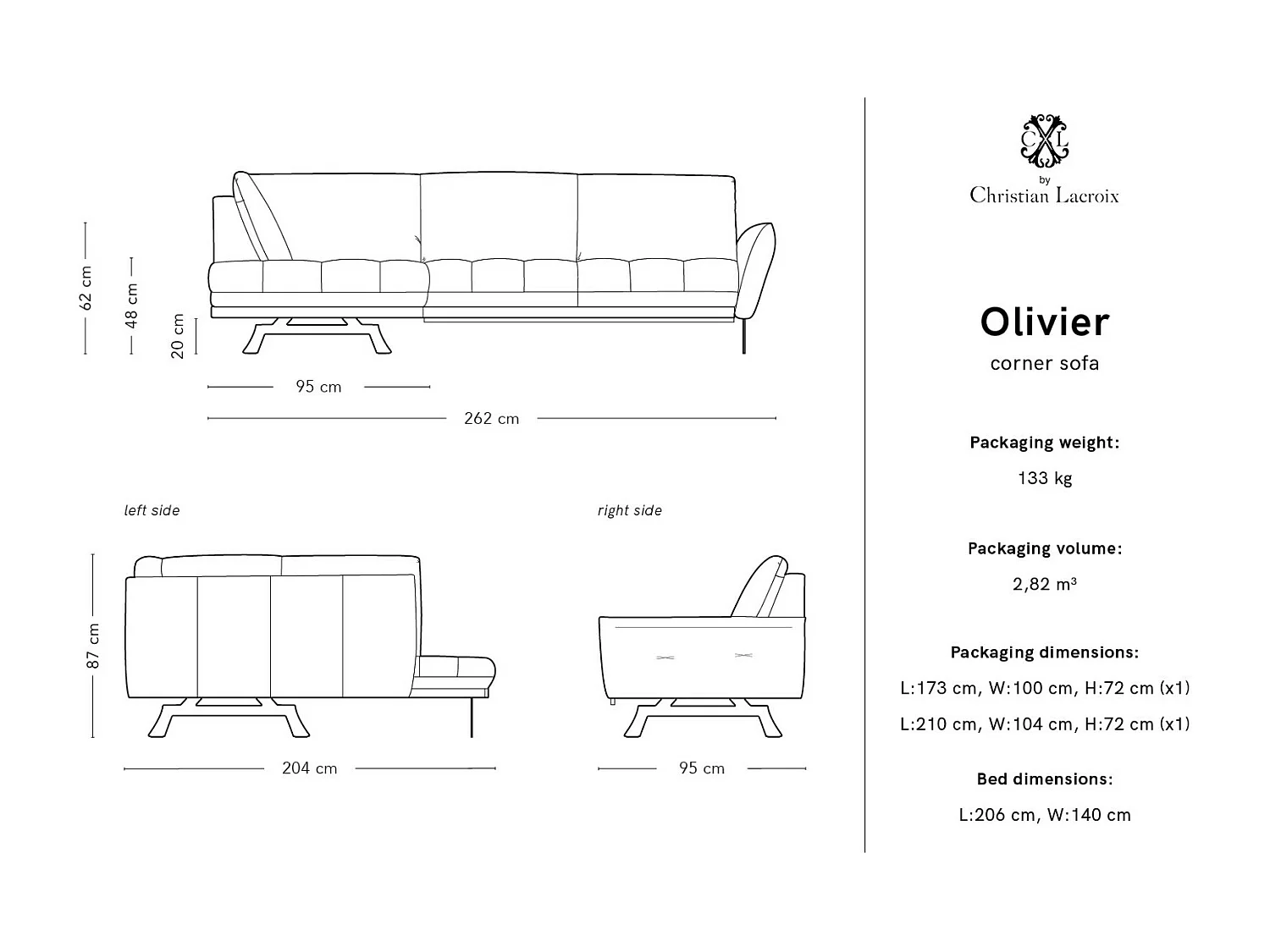 CXL by Christian Lacroix - Canapé d'angle gauche convertible "Olivier" 5 places en tissu structurel gris - 262x204x87cm