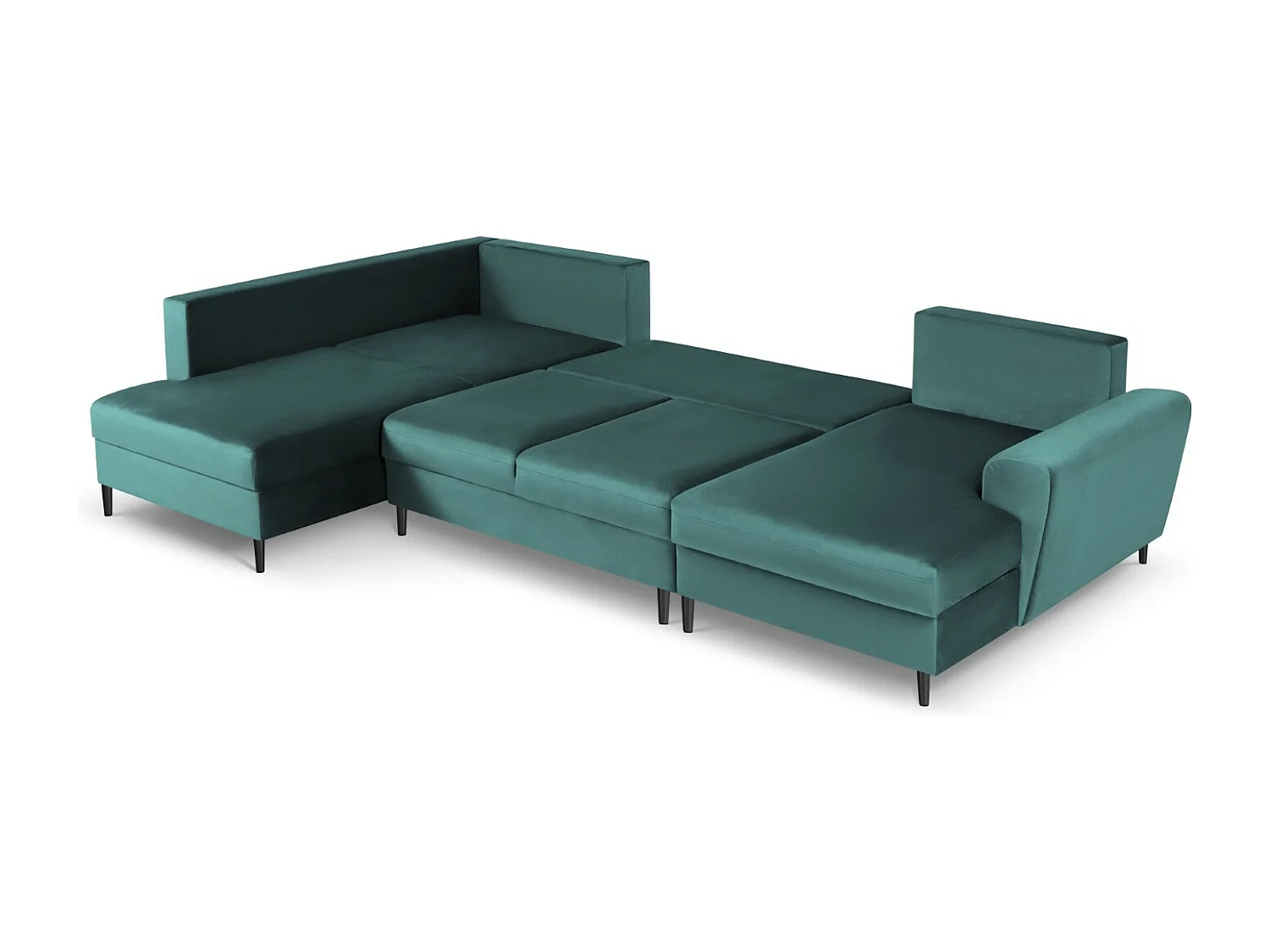 Cosmopolitan Design - 7-Sitzer ausklappbares Panoramasofa mit Bettkasten links "Kyoto" aus Samt petrol - 313x194x88cm