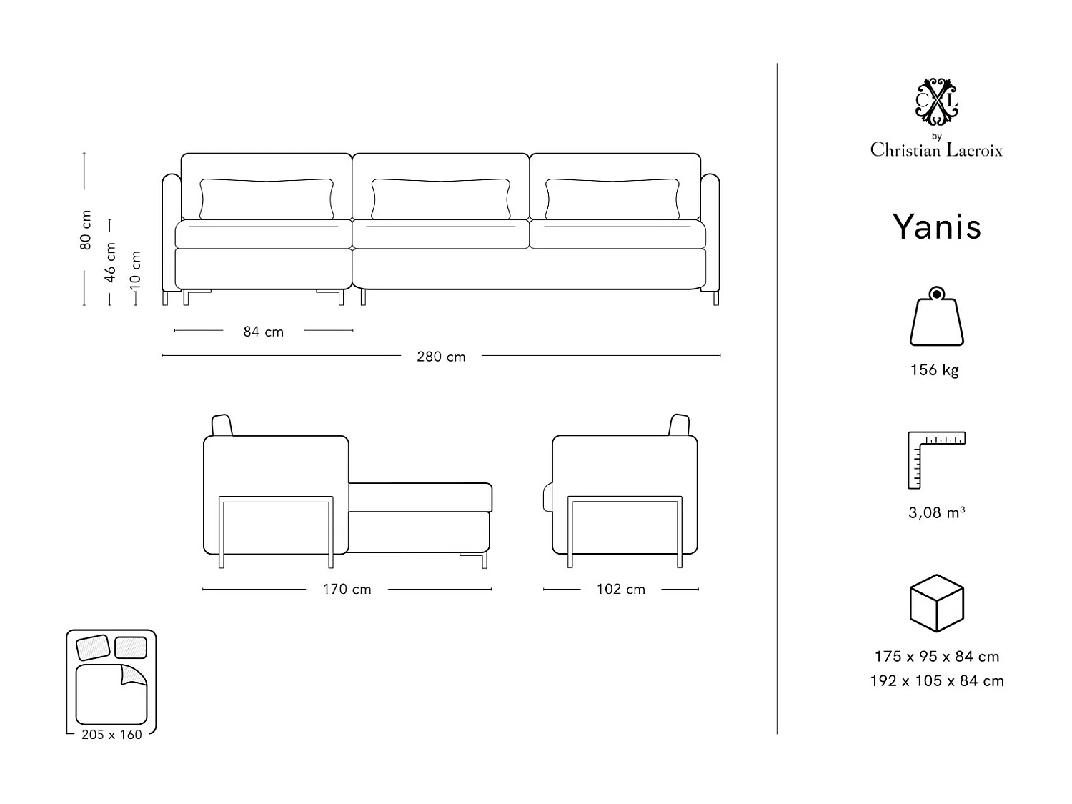 CXL by Christian Lacroix - 5-Sitzer ausklappbares Ecksofa links "Yanis" Sitzer aus Samt grau - 280x170x80cm