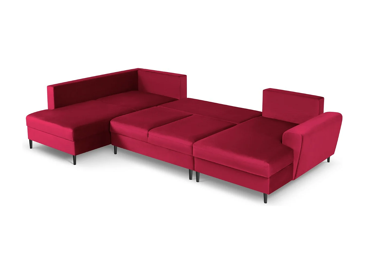 Cosmopolitan Design - 7-Sitzer ausklappbares Panoramasofa mit Bettkasten links "Kyoto" aus Samt rot - 313x194x88cm