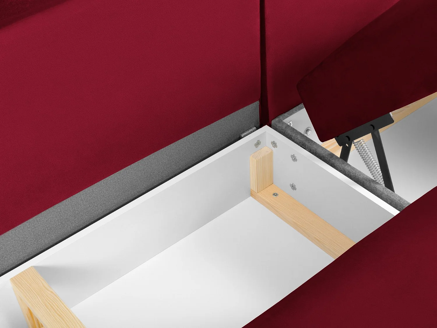 Cosmopolitan Design - 7-Sitzer ausklappbares Panoramasofa mit Bettkasten links "Kyoto" aus Samt rot - 313x194x88cm