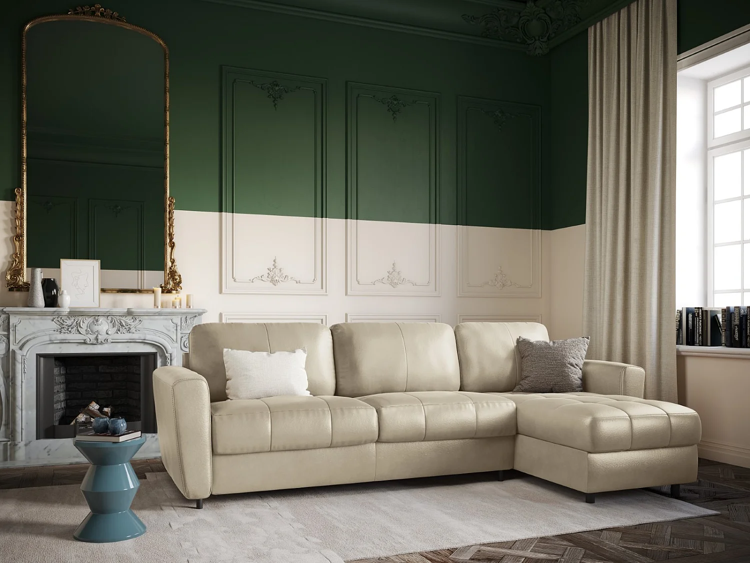 CXL by Christian Lacroix - Canapé d'angle droit convertible "Audra" 4 places en cuir véritable gris clair - 270x170x88cm