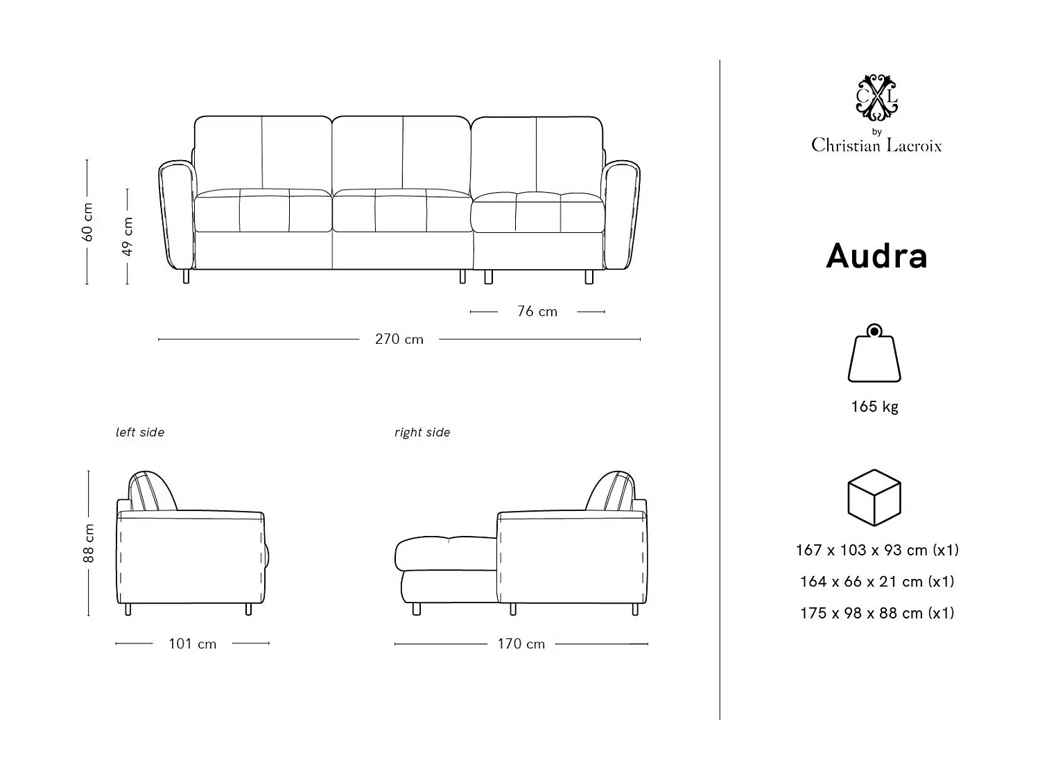 CXL by Christian Lacroix - Canapé d'angle droit convertible "Audra" 4 places en cuir véritable gris clair - 270x170x88cm