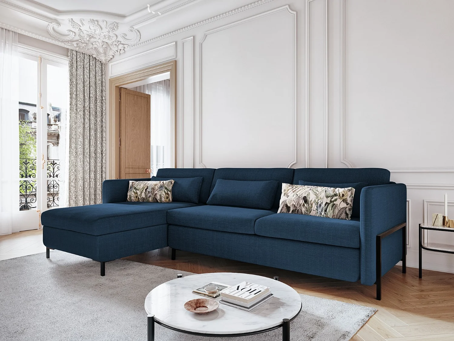 CXL by Christian Lacroix - Canapé d'angle gauche convertible avec coffre de rangement "Yanis" 4 places en tissu structurel bleu - 260x170x80cm