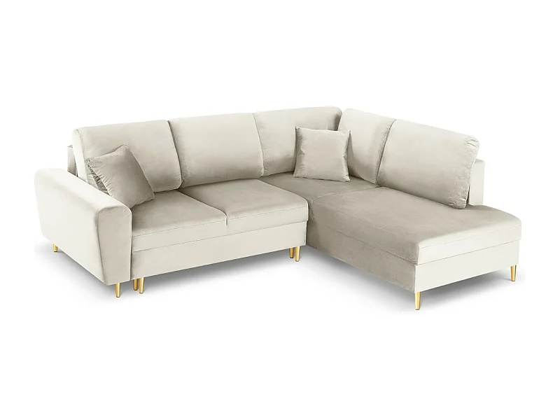 Cosmopolitan Design - 5-Sitzer ausklappbares Ecksofa rechts mit Container "Kyoto" aus Samt leichtes beige - 243x194x88cm