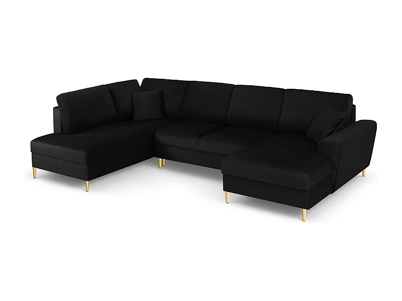 Cosmopolitan Design - Canapé gauche panoramique convertible avec coffre de rangement "Kyoto" 7 places en velours noir - 313x194x88cm