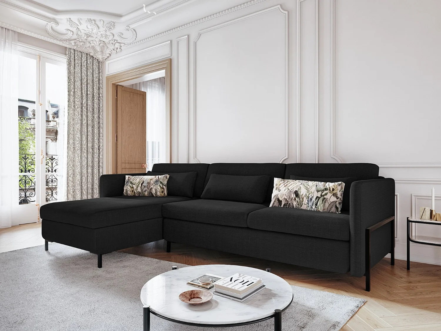 CXL by Christian Lacroix - Sofá cama esquinero izquierdo con baúl de almacenaje "Yanis" 5 plazas de tejido estructural gris oscuro - 280x170x80cm