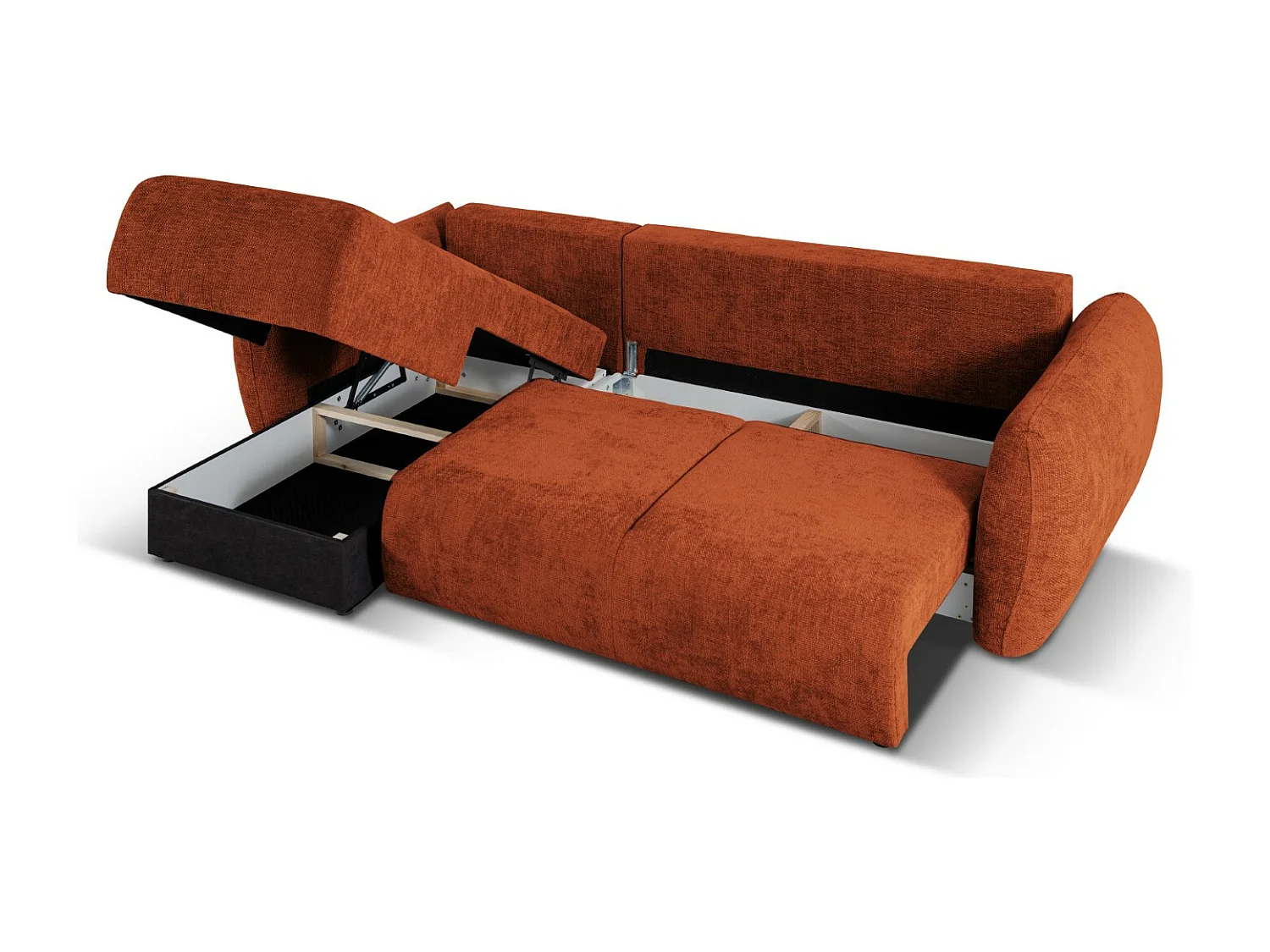 Cosmopolitan Design - 4-Sitzer ausklappbares Ecksofa links mit Container "Matera" aus Chenille-Stoff terrakotta - 253x173x86cm