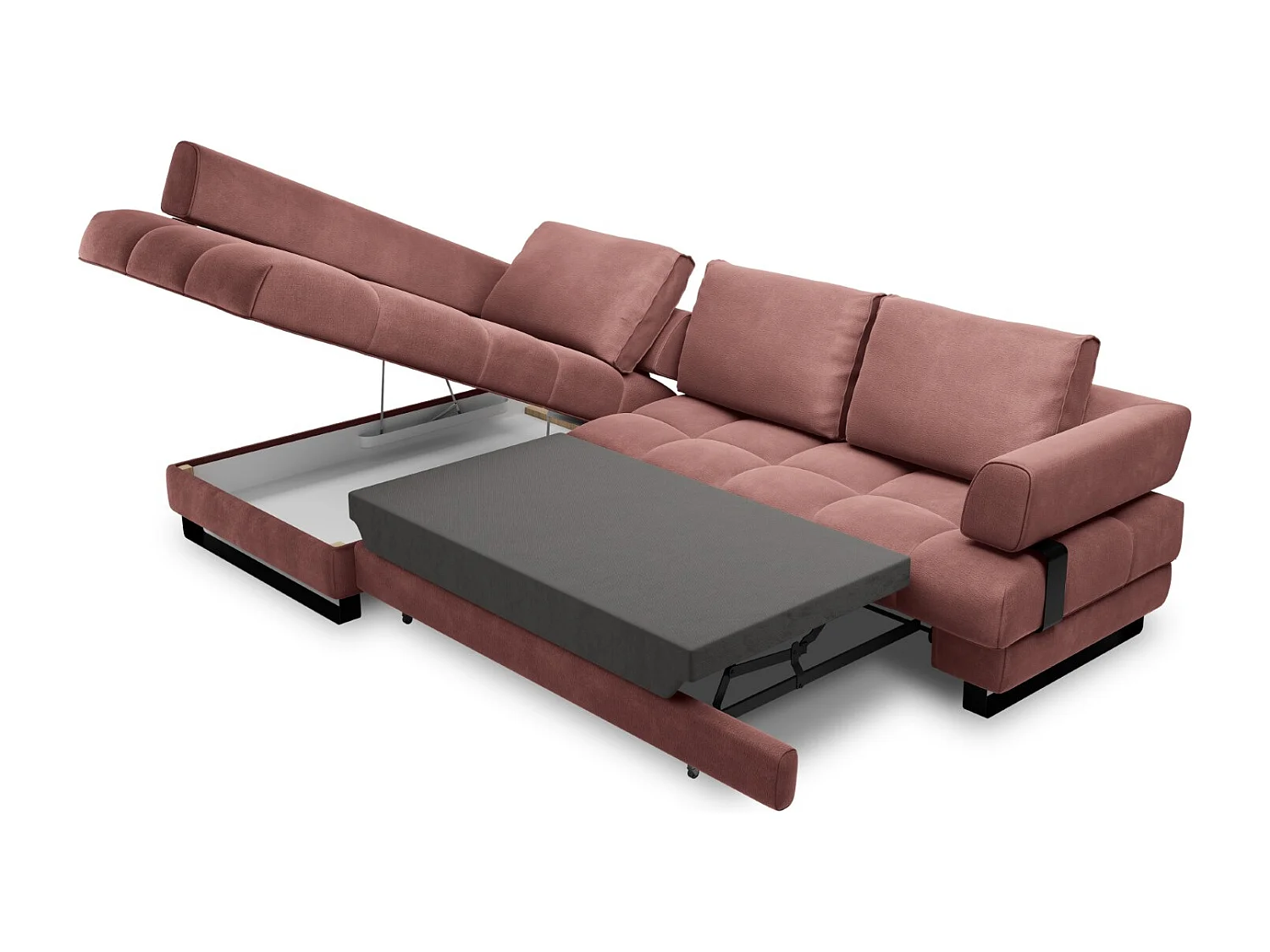 Cosmopolitan Design - Uitklapbare hoekbank links met opbergdoos "Clinton" 5 zitplaatsen, Flueel, Roze - 272x173x89cm