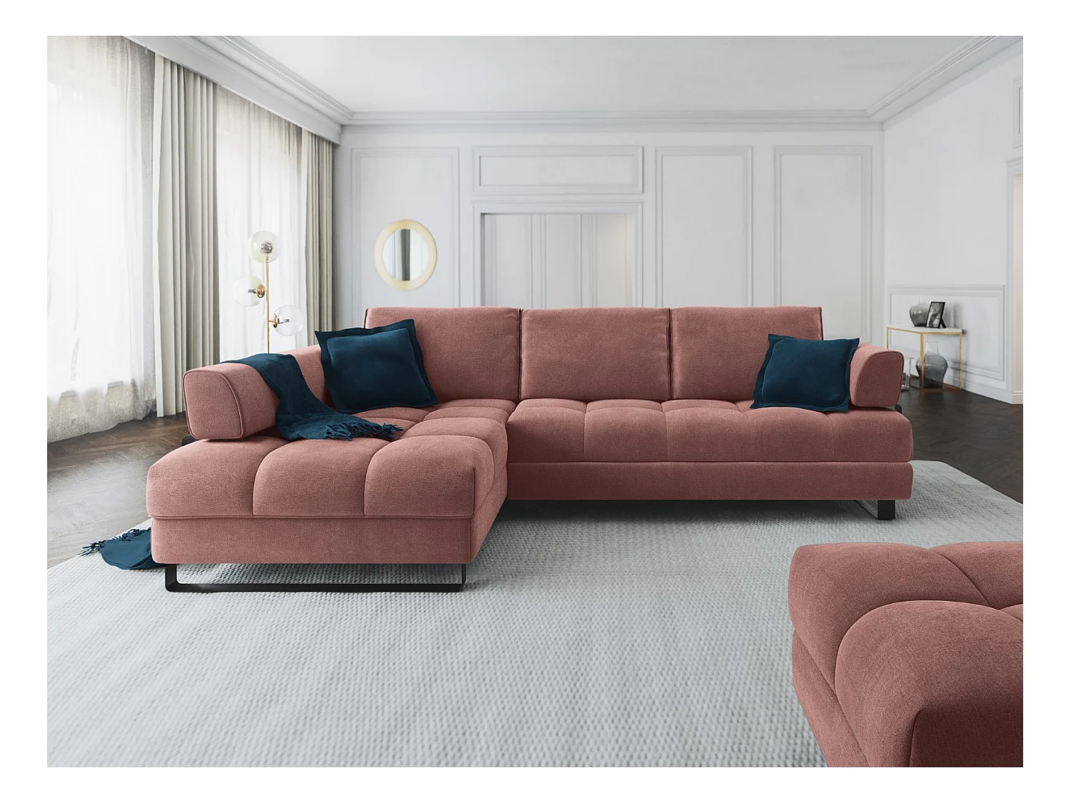 Cosmopolitan Design - Canapé d'angle gauche convertible avec coffre de rangement "Clinton" 5 places en velours rose - 272x173x89cm