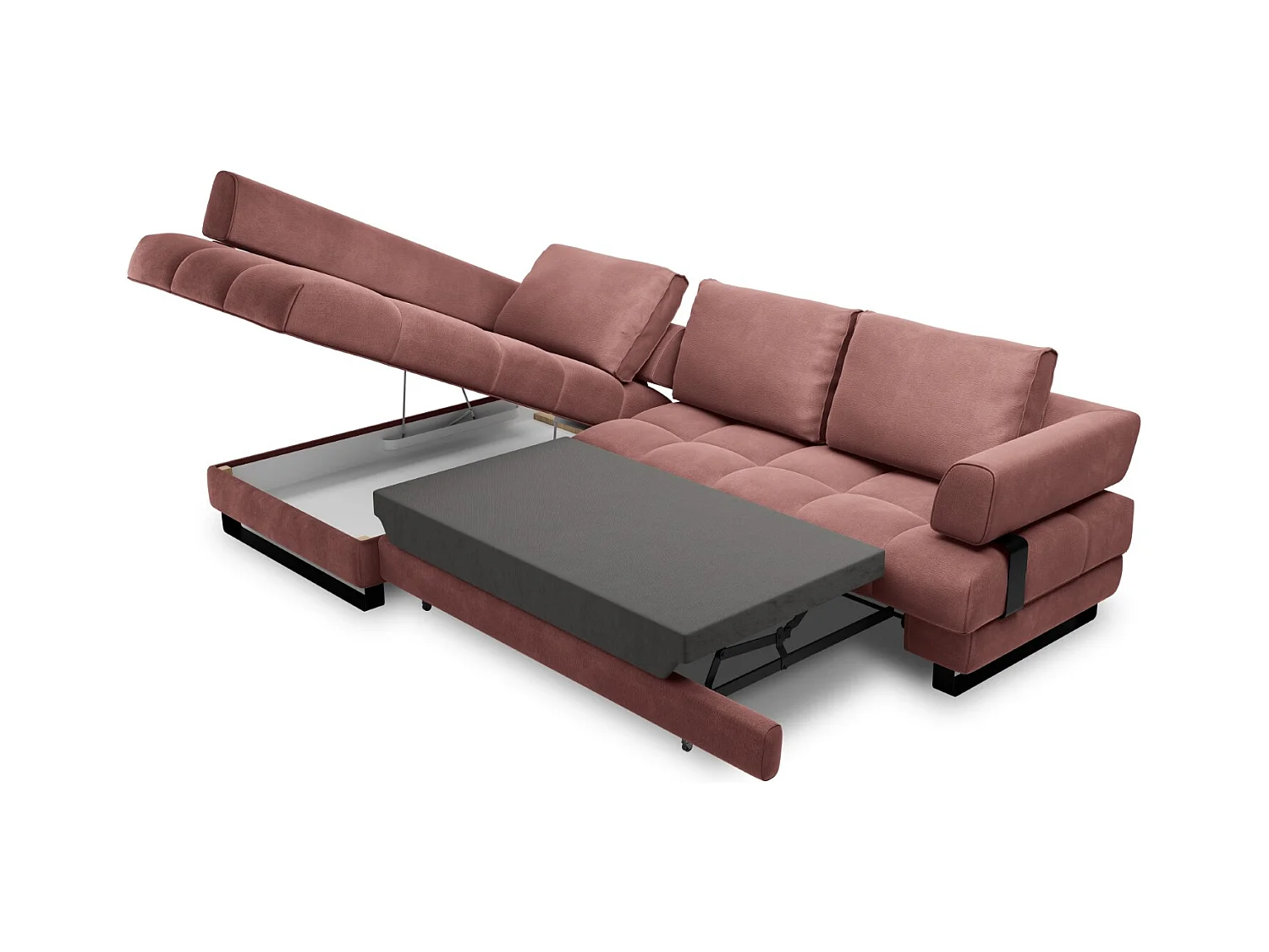 Cosmopolitan Design - Canapé d'angle gauche convertible avec coffre de rangement "Clinton" 5 places en velours rose - 272x173x89cm