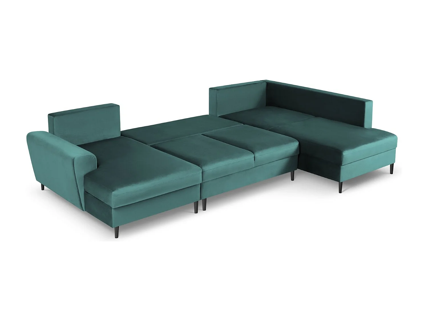 Cosmopolitan Design - 7-Sitzer ausklappbares Panoramasofa mit Bettkasten rechts "Kyoto" aus Samt petrol - 313x194x88cm