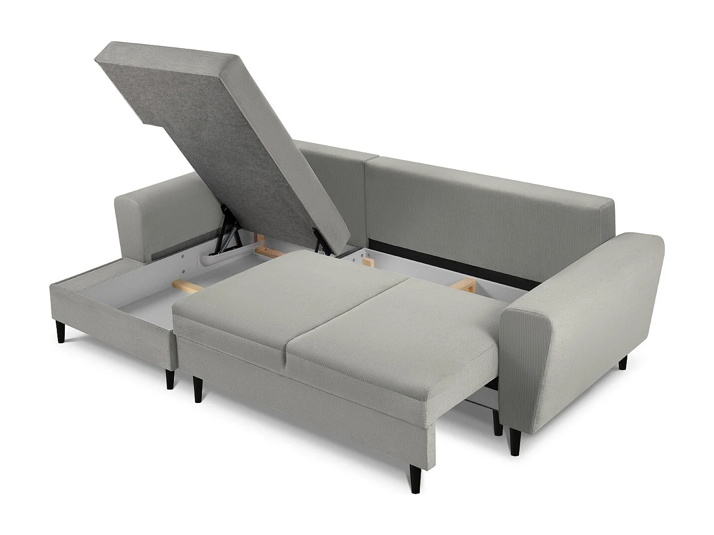 Cosmopolitan Design - 4-Sitzer ausklappbares Ecksofa links mit Container "Kyoto" aus Cord hellgrau - 241x145x88cm