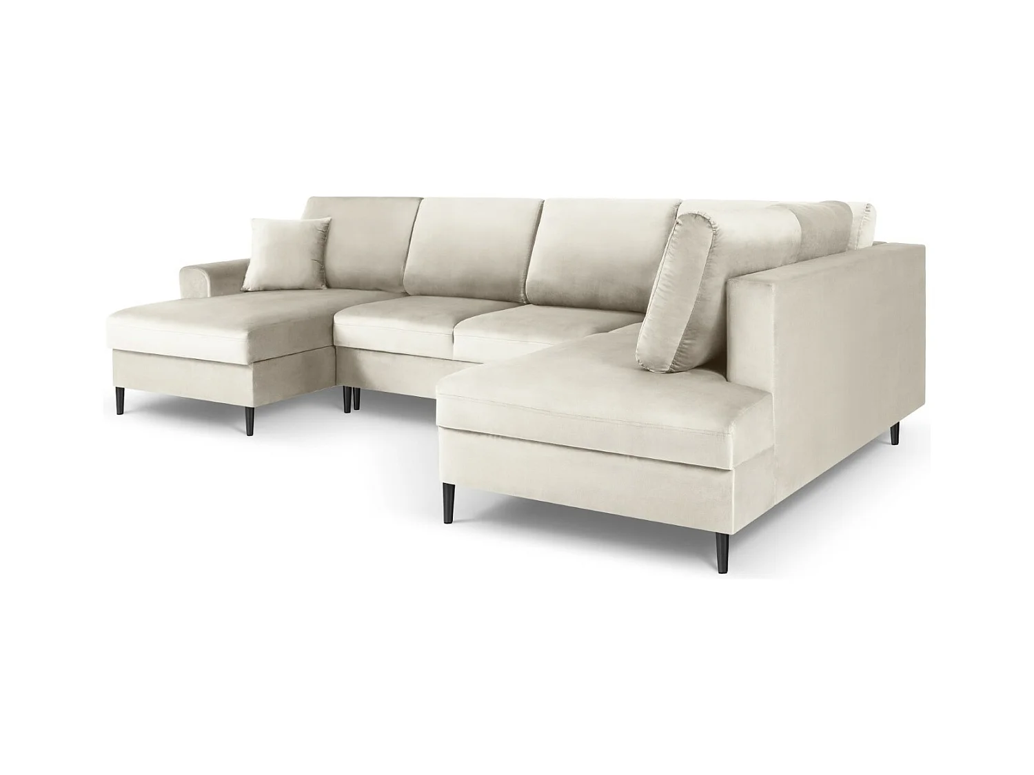 Cosmopolitan Design - 7-Sitzer ausklappbares Panoramasofa mit Bettkasten rechts "Kyoto" aus Samt leichtes beige - 313x194x88cm