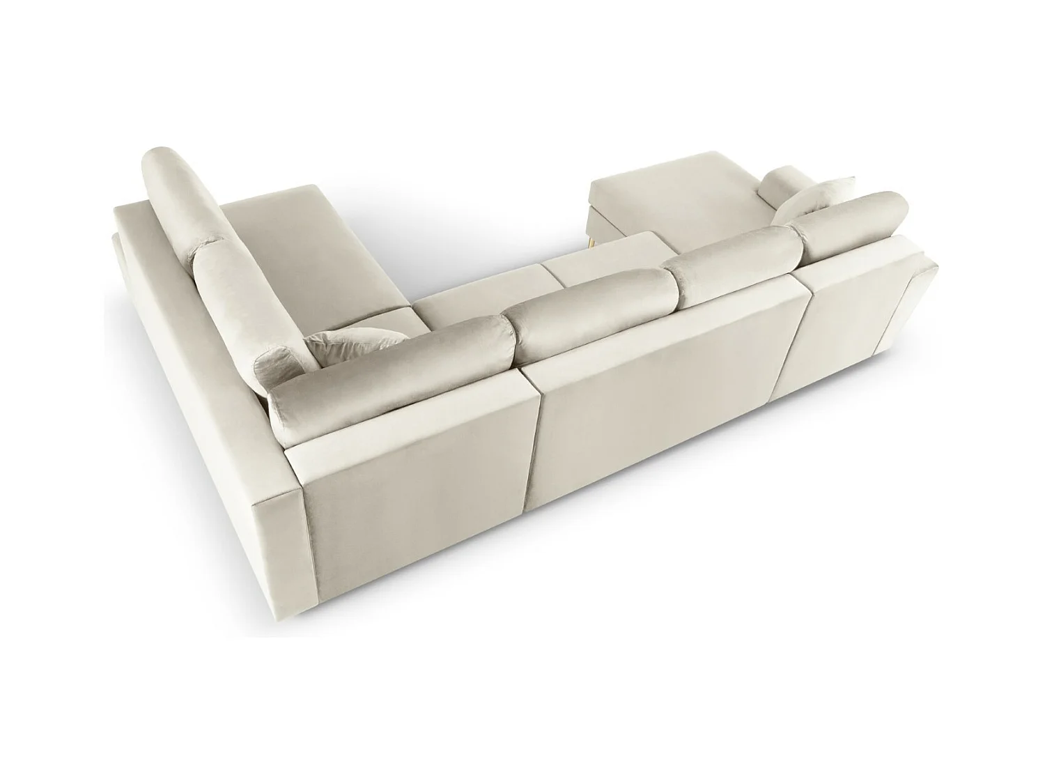 Cosmopolitan Design - 7-Sitzer ausklappbares Panoramasofa mit Bettkasten rechts "Kyoto" aus Samt leichtes beige - 313x194x88cm