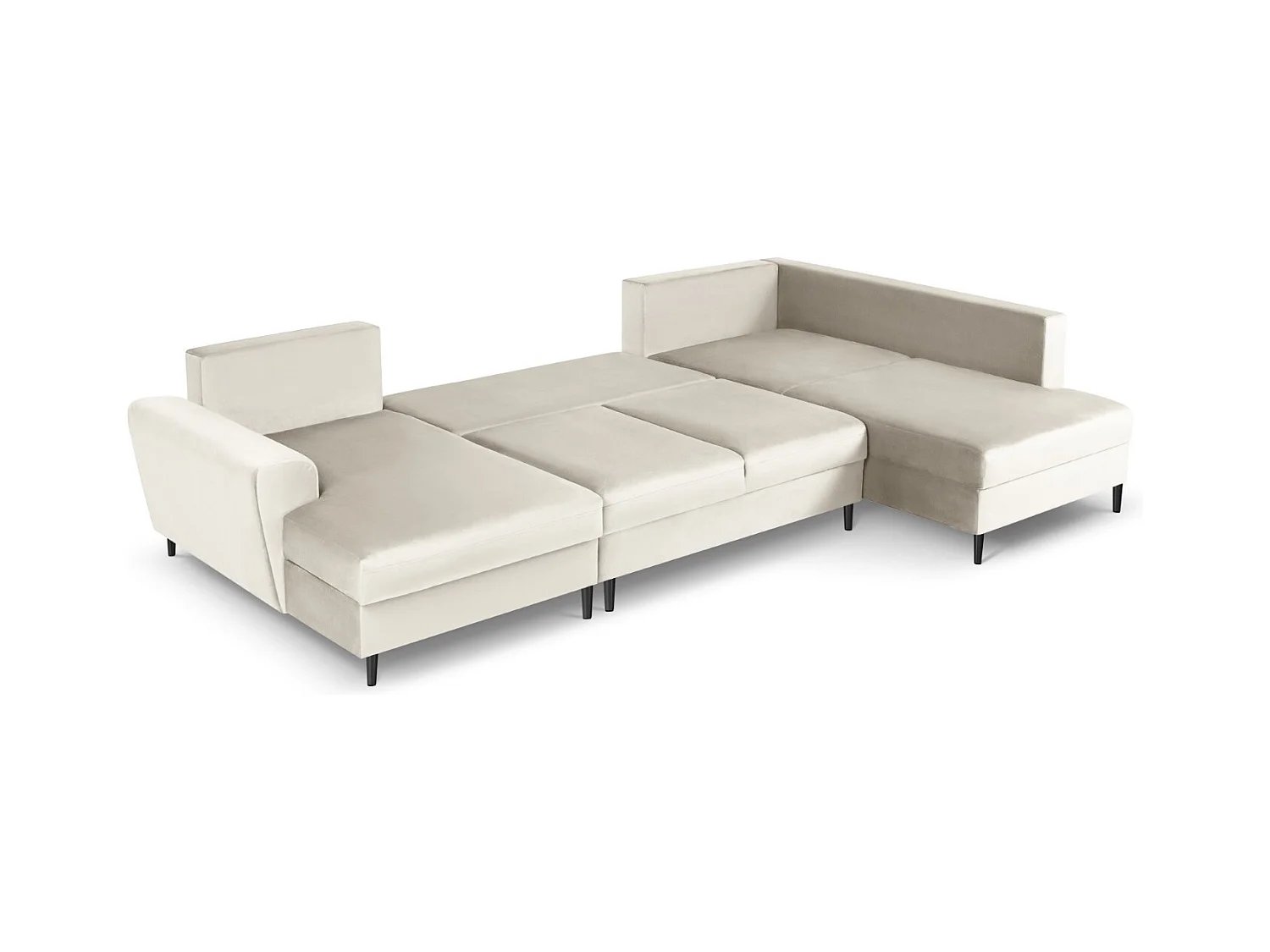 Cosmopolitan Design - 7-Sitzer ausklappbares Panoramasofa mit Bettkasten rechts "Kyoto" aus Samt leichtes beige - 313x194x88cm