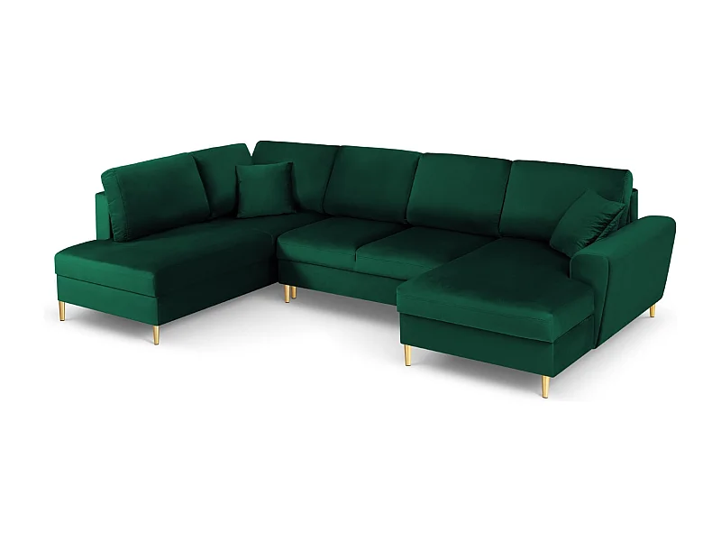 Cosmopolitan Design - Sofá panorâmico convertível esquerdo com caixa de arrumação "Kyoto" 7 lugares em veludo verde garrafa - 313x194x88cm