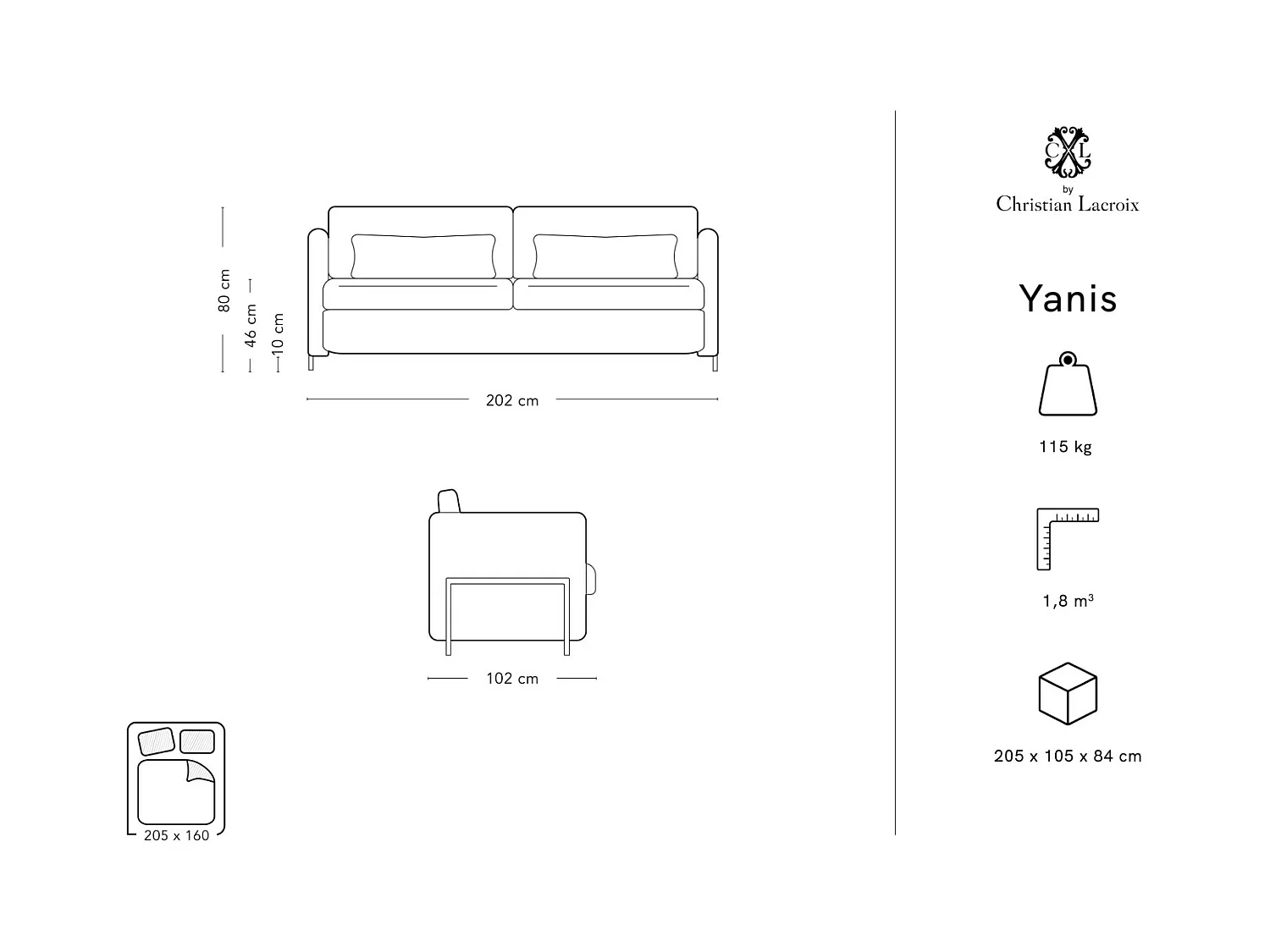CXL by Christian Lacroix - 3-Sitzer ausklappbares Sofa "Yanis" Sitzer aus Samt königsblau - 202x102x80cm