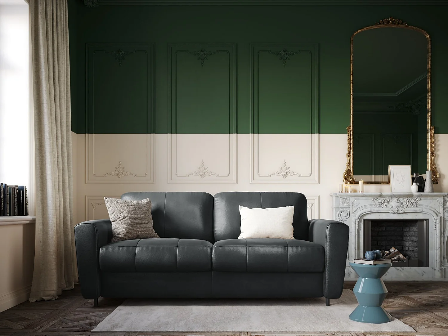 CXL by Christian Lacroix - Sofa z funkcją spania, "Audra" 3 miejsca skóra naturalna, niebieski szary - 192x101x88cm