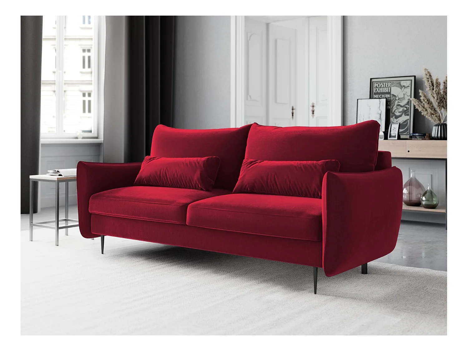 Cosmopolitan Design - Canapé convertible avec coffre de rangement "Vermont" 3 places en velours rouge - 222x105x90cm