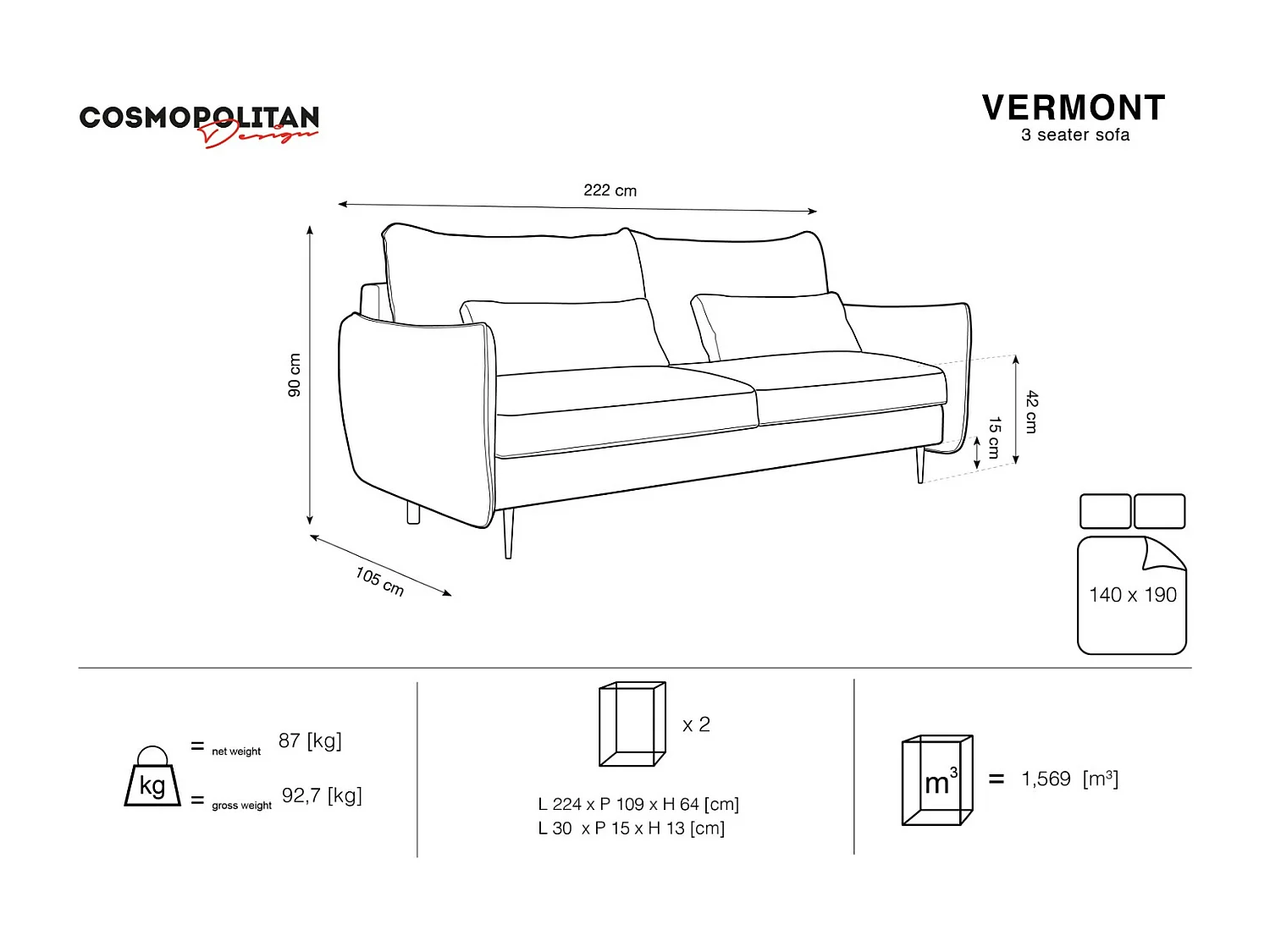 Cosmopolitan Design - Slaapbank met opbergdoos "Vermont" 3 zitplaatsen, Flueel, Rood - 222x105x90cm