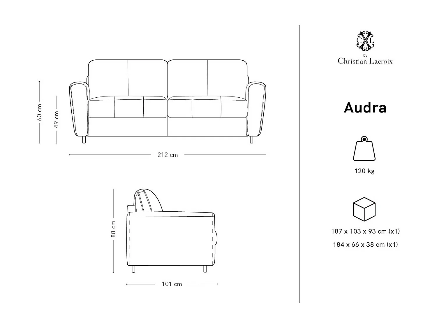 CXL by Christian Lacroix - Canapé convertible "Audra" 4 places en velours beige - 212x101x88cm