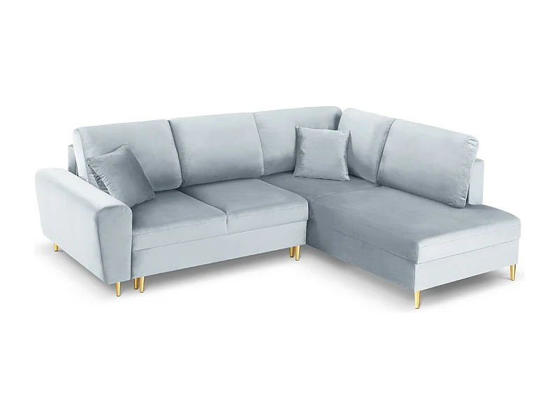 Cosmopolitan Design - 5-Sitzer ausklappbares Ecksofa rechts mit Container "Kyoto" aus Samt hellblau - 243x194x88cm