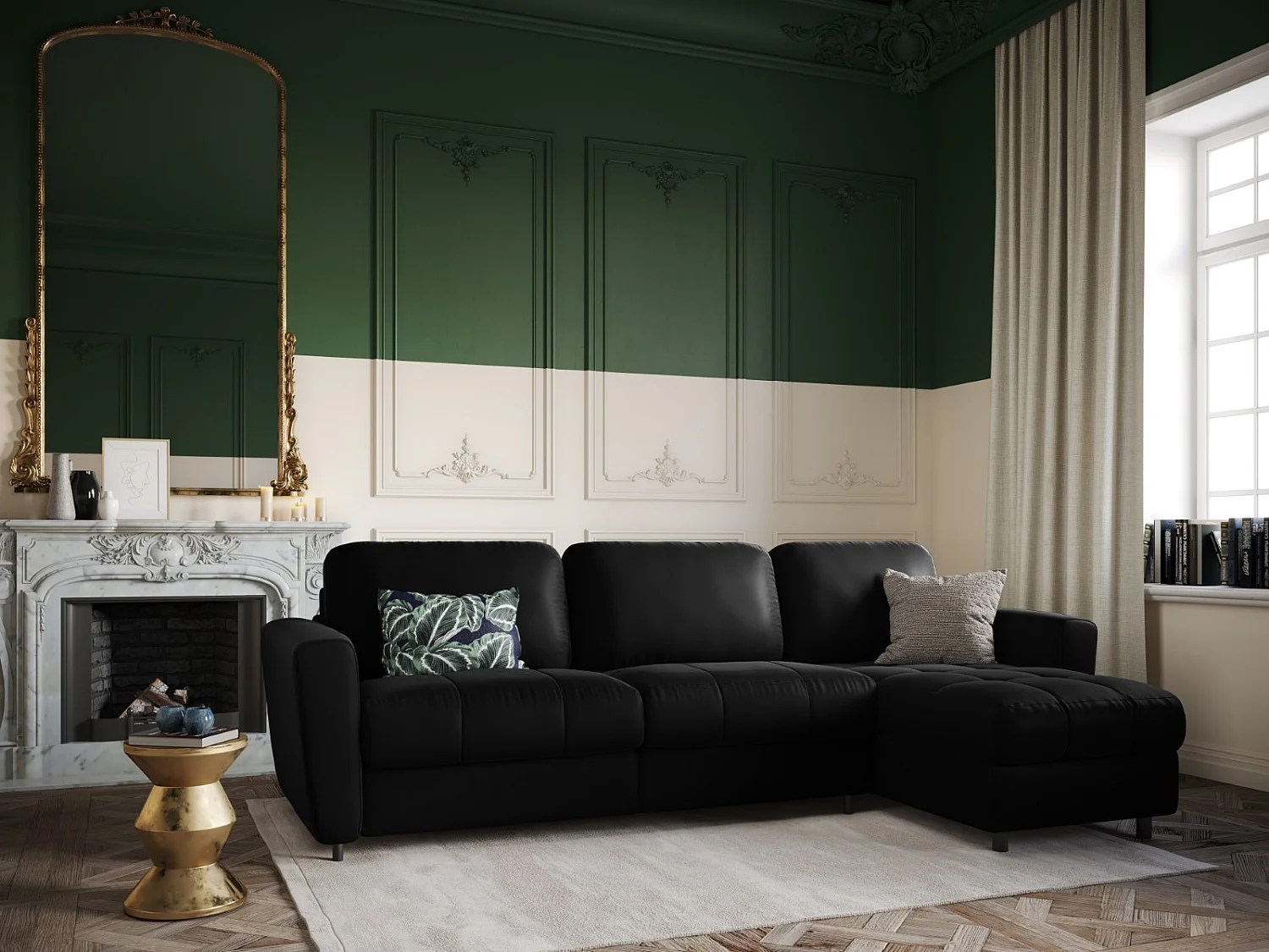 CXL by Christian Lacroix - Canapé d'angle droit convertible avec coffre de rangement "Audra" 4 places en velours noir - 270x170x88cm