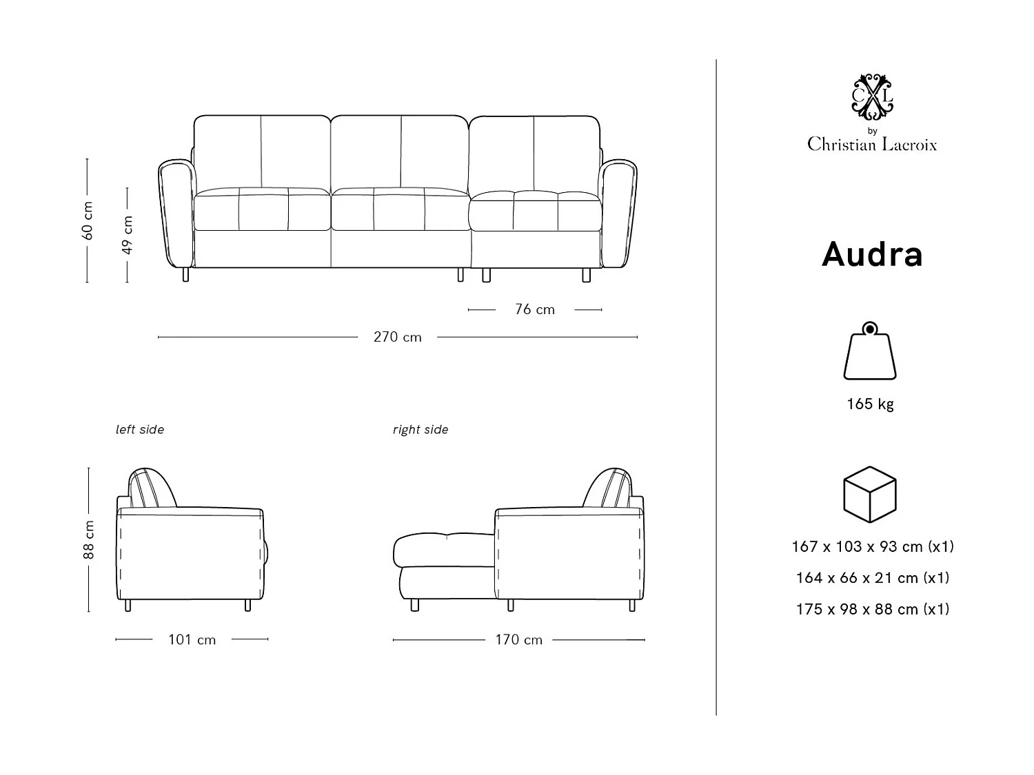 CXL by Christian Lacroix - Canapé d'angle droit convertible avec coffre de rangement "Audra" 4 places en velours noir - 270x170x88cm