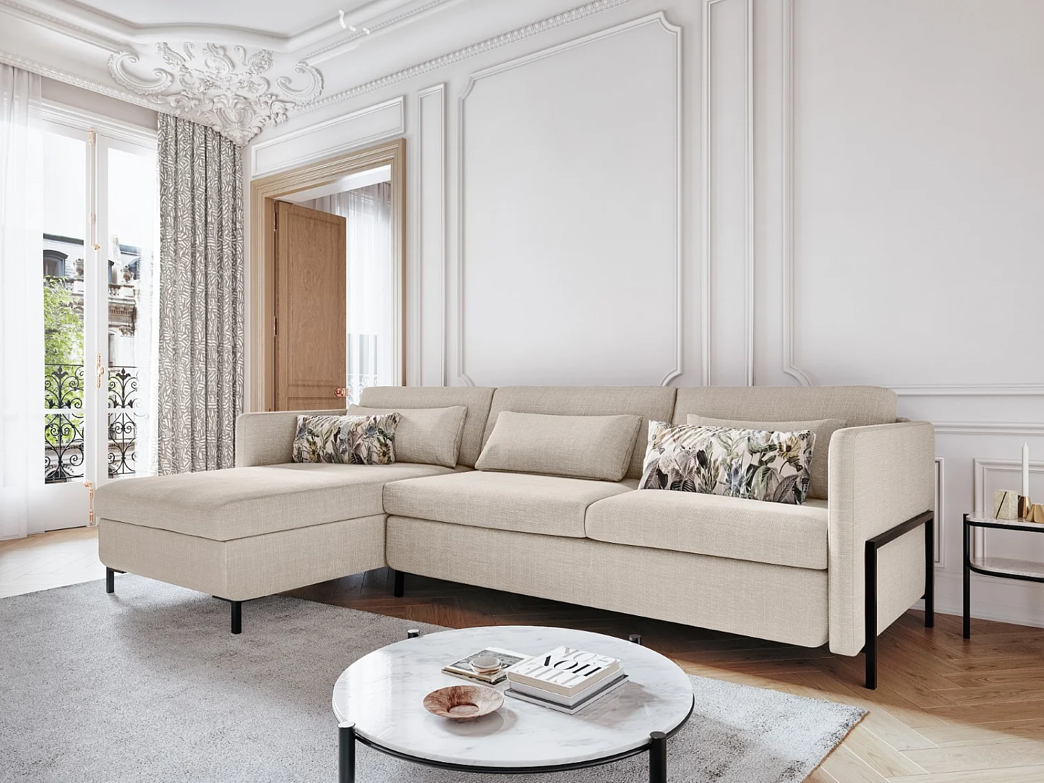 CXL by Christian Lacroix - Canapé d'angle gauche convertible avec coffre de rangement "Yanis" 4 places en tissu structurel beige - 260x170x80cm