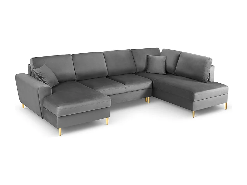 Cosmopolitan Design - Sofá panorâmico convertível em linha reta com caixa de arrumação "Kyoto" 7 lugares em veludo cinza claro - 313x194x88cm