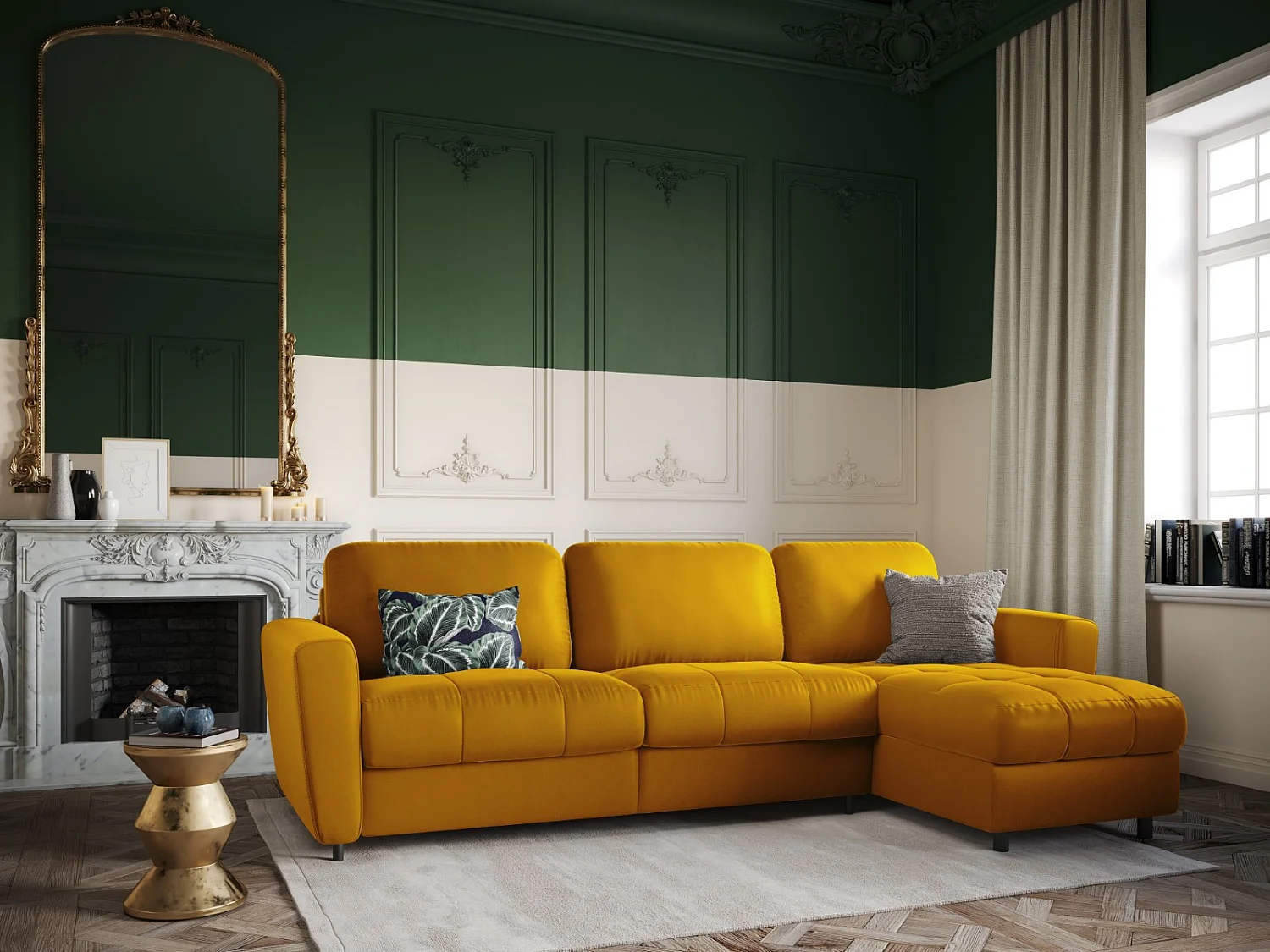 CXL by Christian Lacroix - Converteerbare hoekbank rechts met opbergdoos "Audra" 4 zitplaatsen, Flueel, GEEL - 270x170x88cm