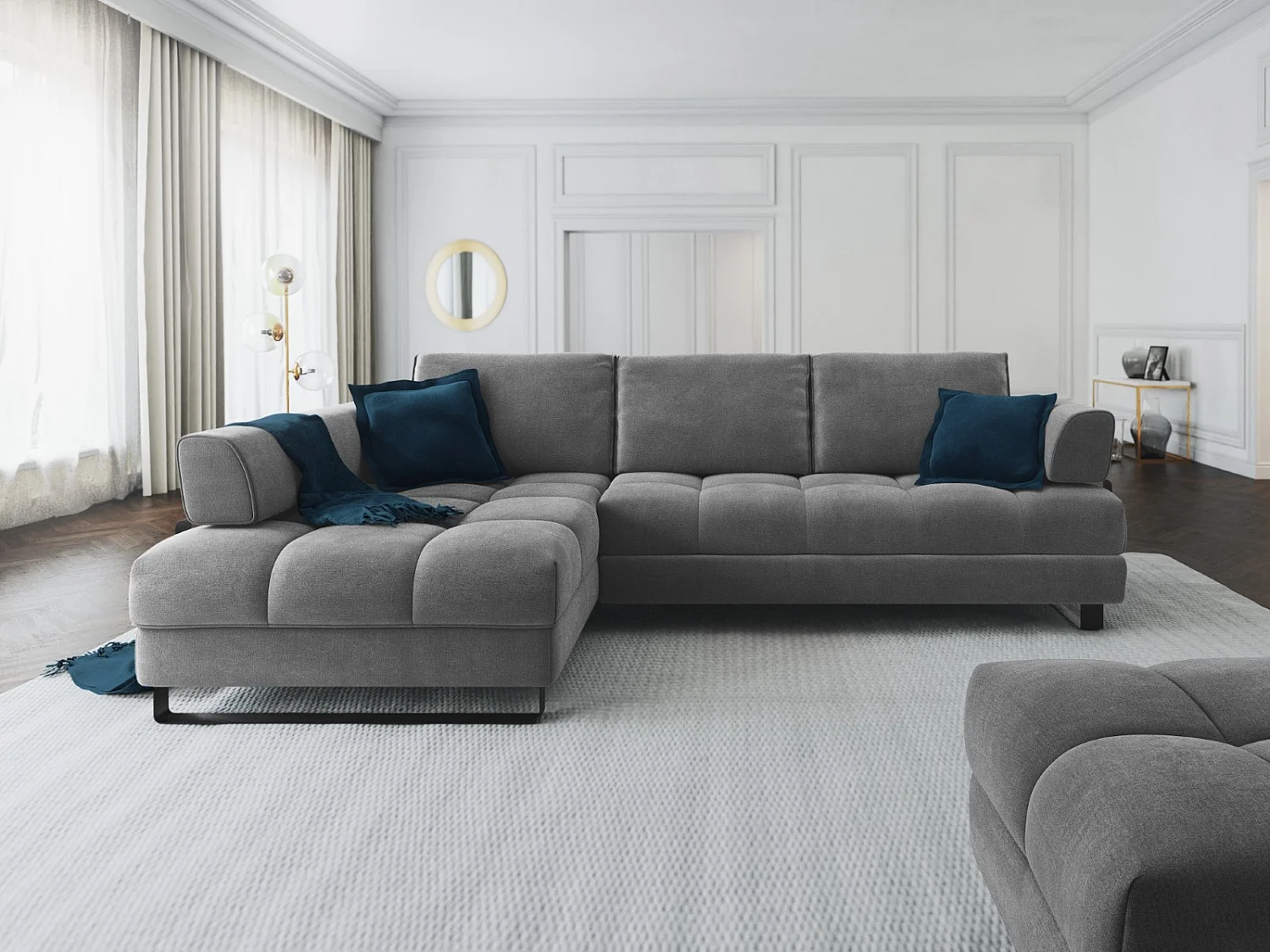 Cosmopolitan Design - 5-Sitzer ausklappbares Ecksofa links mit Container "Clinton" aus Samt dunkelgrau - 272x173x89cm