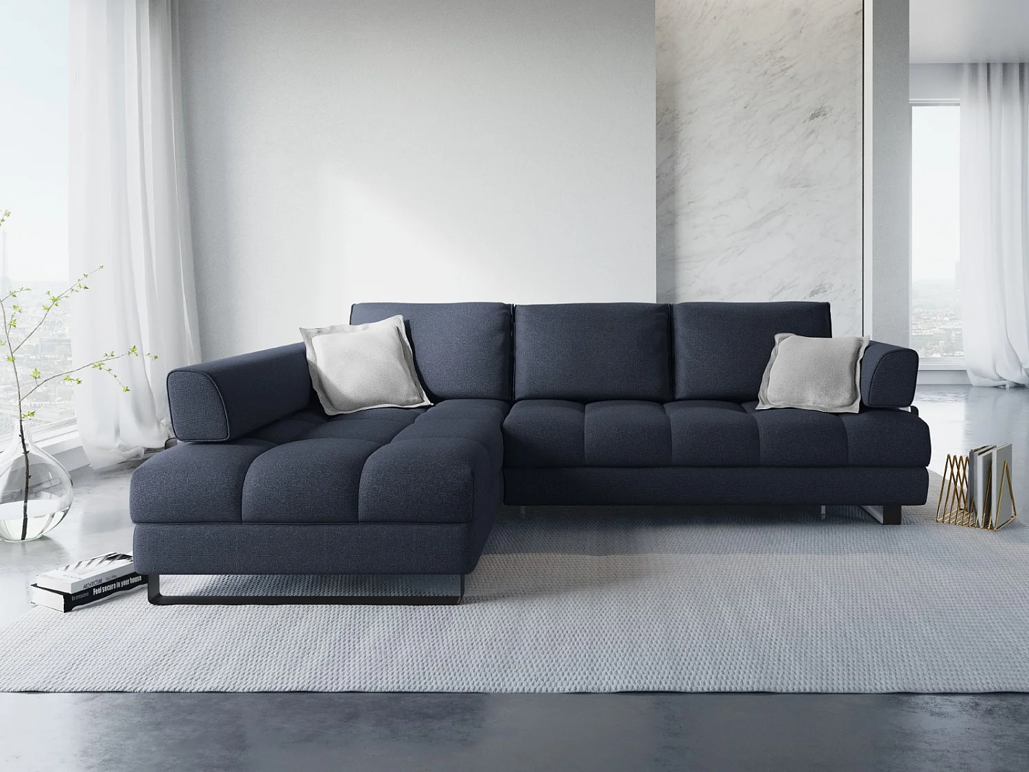 Cosmopolitan Design - 5-Sitzer ausklappbares Ecksofa links mit Container "Clinton" aus strukturiertem Stoff dunkelblau - 272x173x89cm