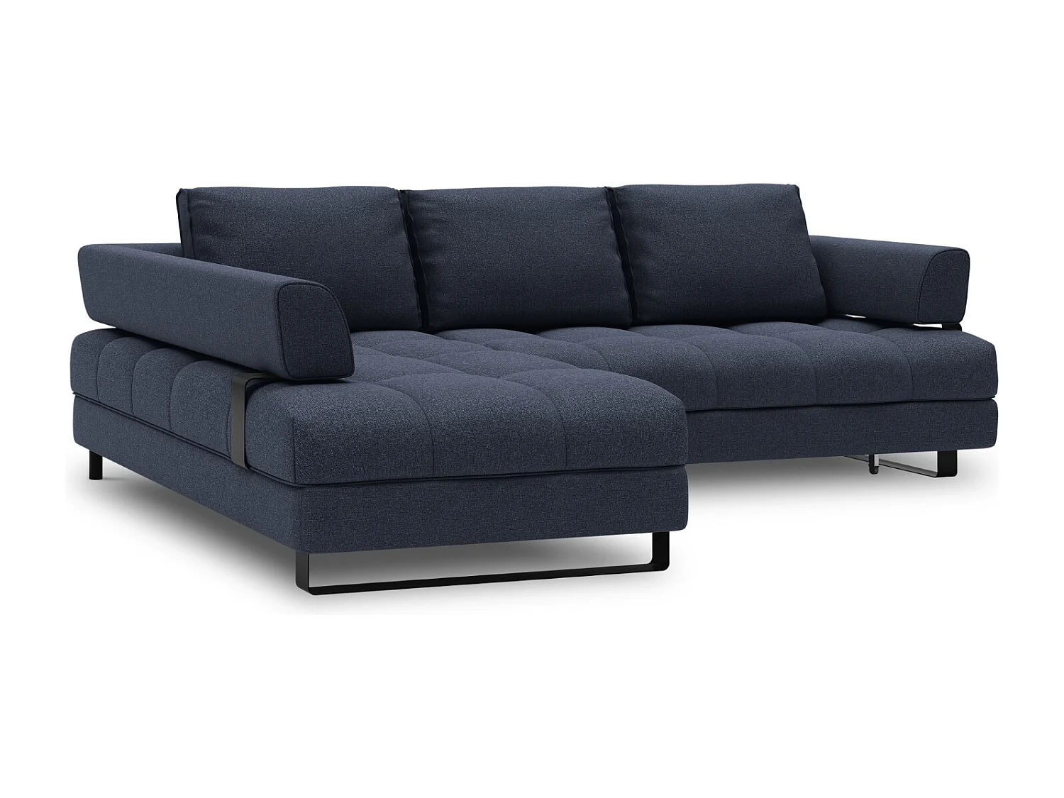 Cosmopolitan Design - 5-Sitzer ausklappbares Ecksofa links mit Container "Clinton" aus strukturiertem Stoff dunkelblau - 272x173x89cm