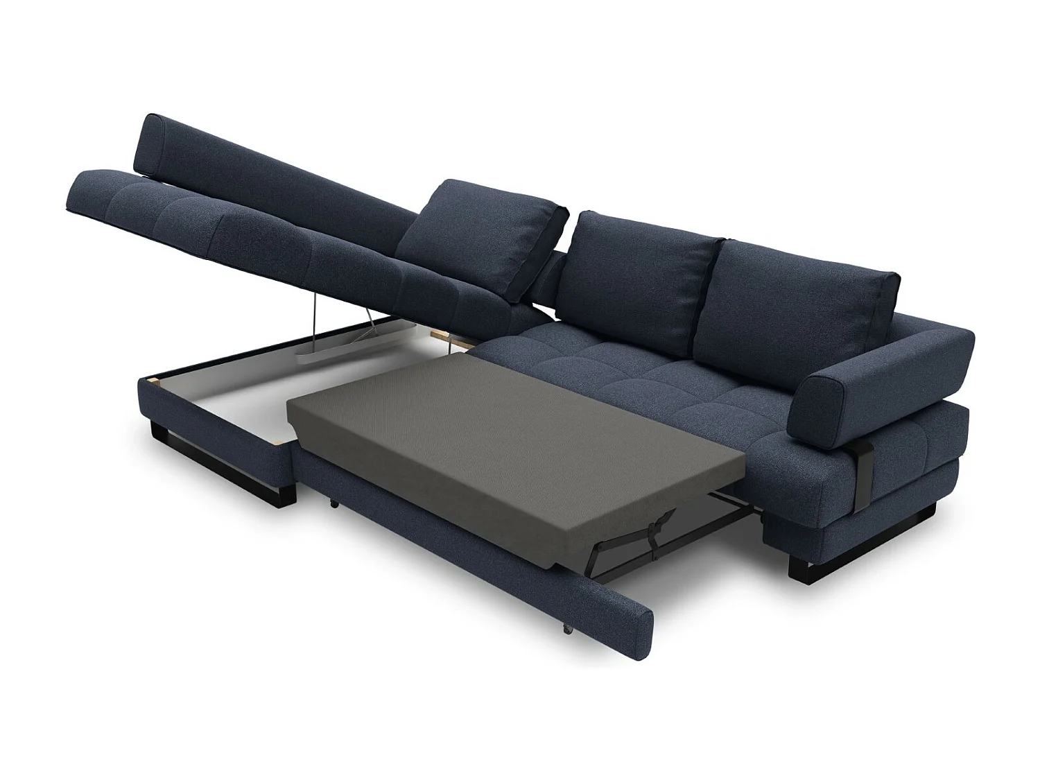 Cosmopolitan Design - Narożnik lewy rozkładany ze schowkiem, "Clinton" 5 miejsc tkanina strukturalna, niebieski ciemny - 272x173x89cm