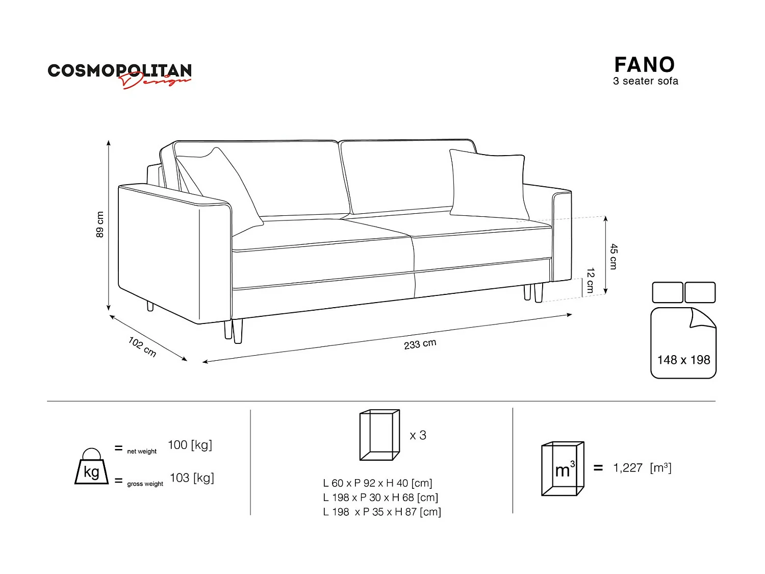 Cosmopolitan Design - Slaapbank met opbergdoos "Fano" 3 zitplaatsen, Structurele stof, Grijs - 233x102x89cm