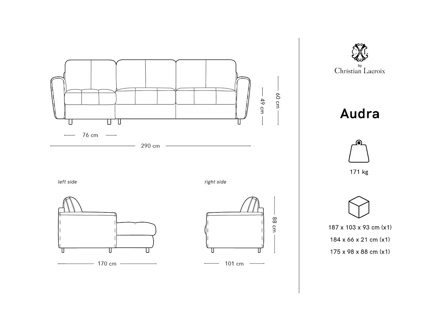 CXL by Christian Lacroix - Canapé d'angle gauche convertible "Audra" 5 places en cuir véritable gris clair - 290x170x88cm