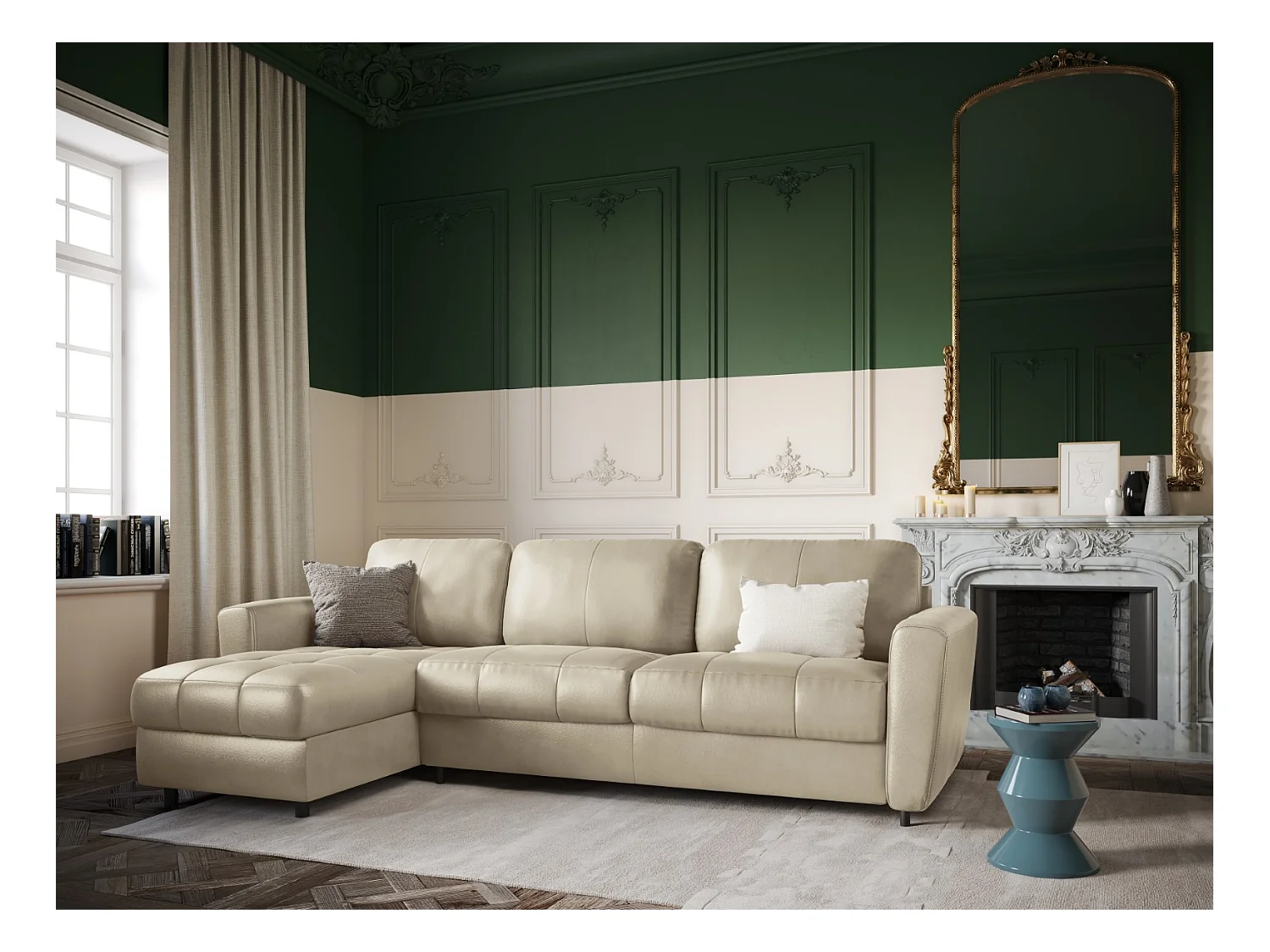 CXL by Christian Lacroix - Canapé d'angle gauche convertible "Audra" 5 places en cuir véritable gris clair - 290x170x88cm