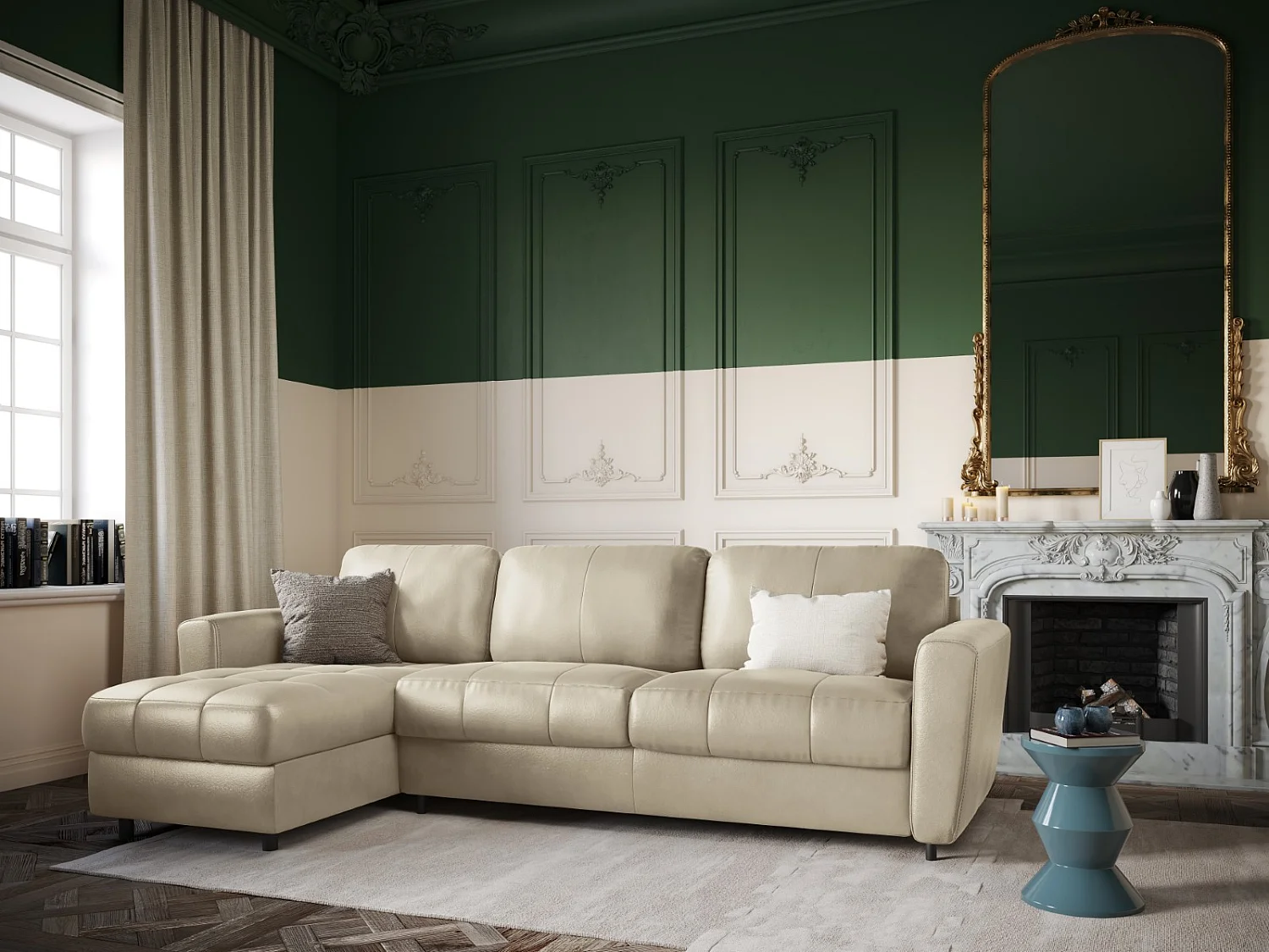 CXL by Christian Lacroix - Canapé d'angle gauche convertible "Audra" 5 places en cuir véritable gris clair - 290x170x88cm