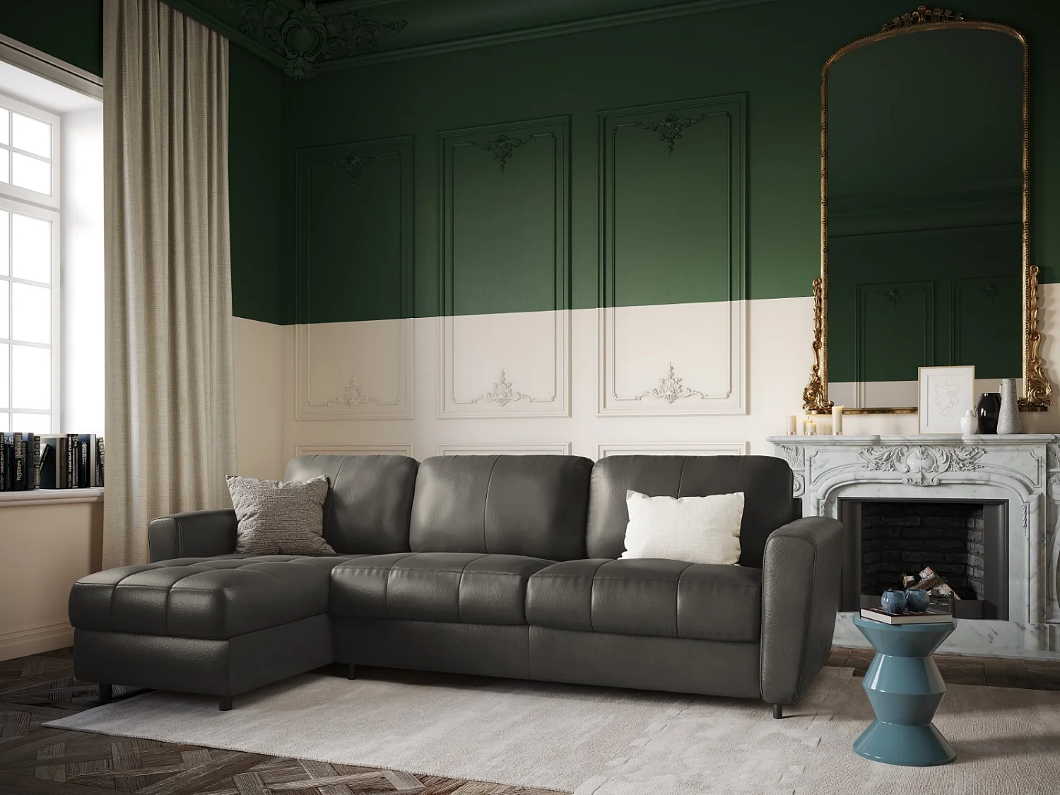 CXL by Christian Lacroix - Canapé d'angle gauche convertible "Audra" 4 places en cuir véritable gris foncé - 270x170x88cm